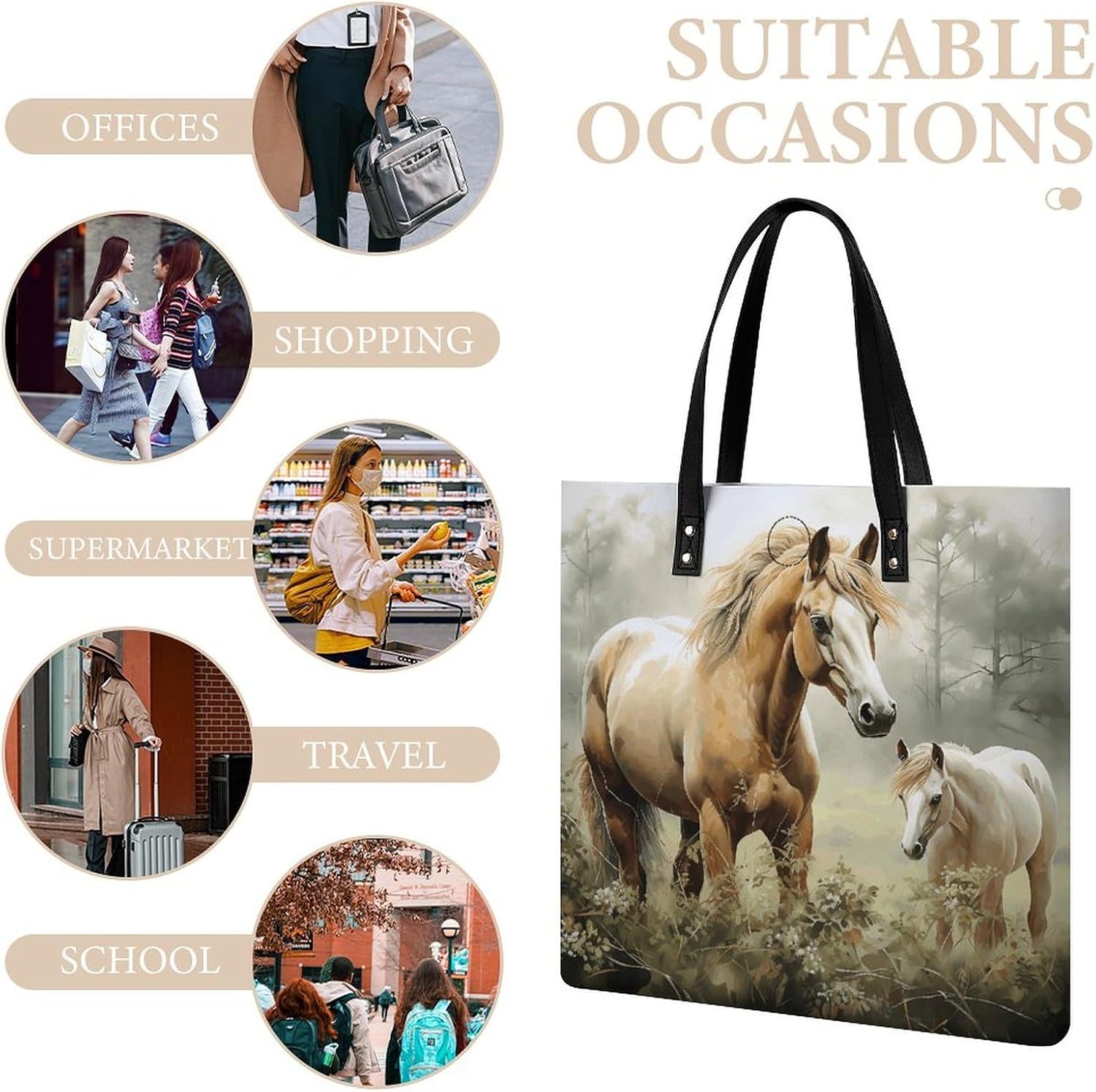 Animals Embroidery Painting Tote Bag with Magnetic Buckle Reusable Grocery Bags Lightweight Cross Body Handbag for Daily Essentials