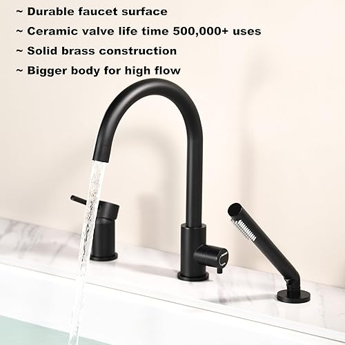 Miniatura 4 de RIGOBAL Grifo de bañera de montaje en cubierta negro con rociador, grifos de bañera de alto flujo, grifo de baño de latón con mango montado en la