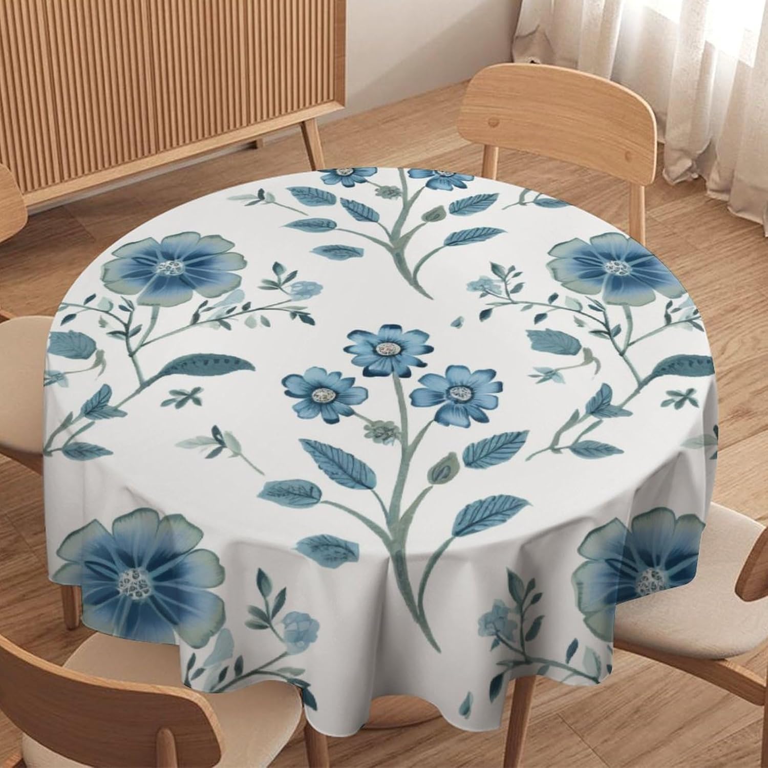 Cheyan Blue Green and White Mughal Flower Round Tablecloth 70x70in Chinoiserie Asian Style Table Cloth Round Table Cover for Kitchen Dining Room Buffet Banquet Holiday Party Waterproof Table Decor