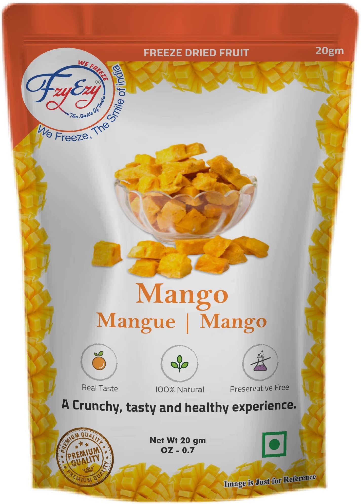 FzyEzy Freeze-dried Mango Fruit Chunks | Free GMO | No added Sugars, Preservatives, Flavors, Color | Camping Vegan | Travel Friendly | Healthy Snacks | Pack of 4 | 80g