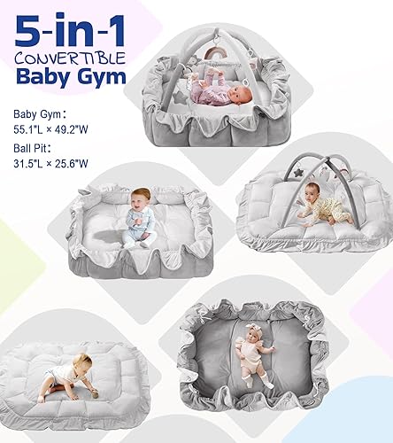 Miniatura 2 de Gimnasio convertible 5 en 1 para bebés, tapetes de juego para el suelo, tapete para el tiempo boca abajo con manta y 6 juguetes sensoriales, centro