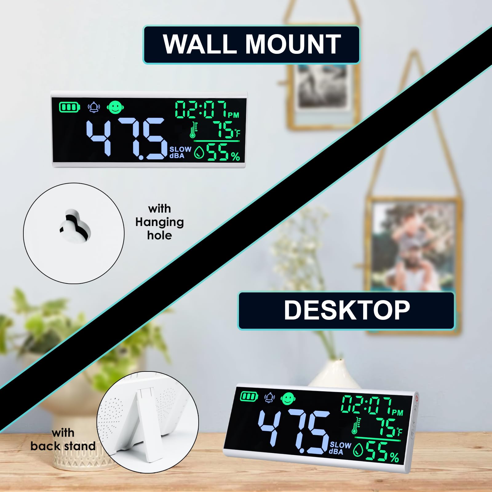 Medidor de decibelios de sonido de 13 pulgadas que muestra el tiempo, temperatura, humedad, medidor de nivel de sonido montado en la pared y escritorio con indicador de iconos de alarma de zumbador,