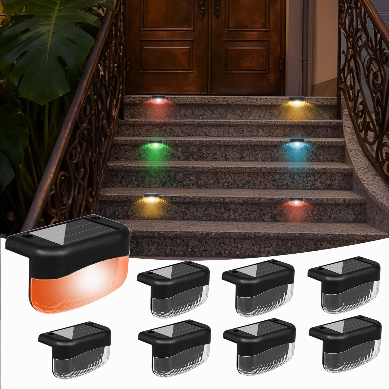 Melofo 8 Pack Solar Fence Lights Outdoor, IP65 Waterproof LED Security Wall Lights for Garden Decoration, Auto On/Off Solar Night Lighting for Deck, Patio, Stairs, Yard, Path & Driveway, Multi-Color