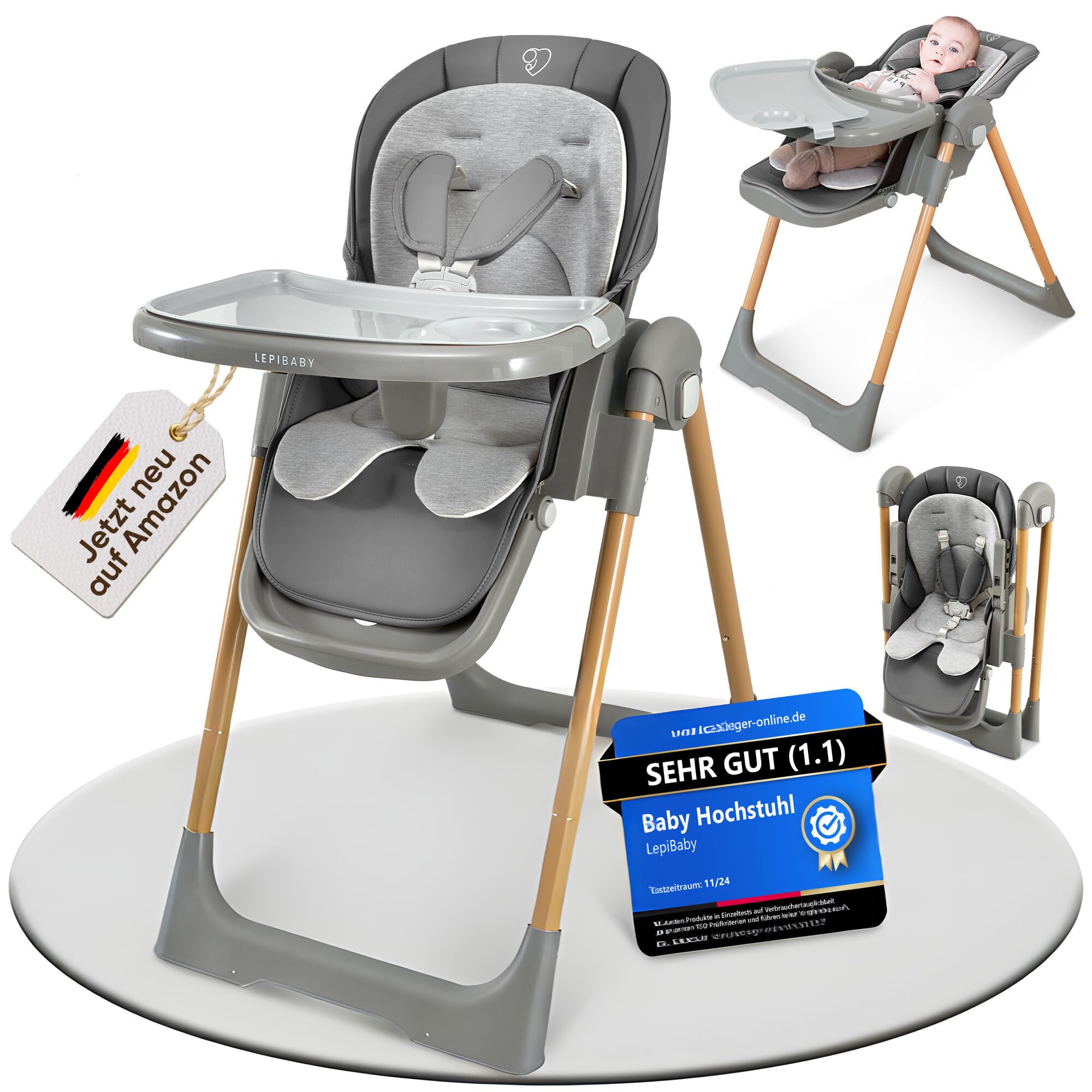 LepiBaby FlexiCo Hochstuhl Baby mit Liegefunktion & Neugeborenenaufsatz, Klappbar & Höhenverstellbar | Kinderstuhl Kinderhochstuhl Babystuhl | Mitwachsend Kind ab Geburt, 1-3 Jahre | Grau