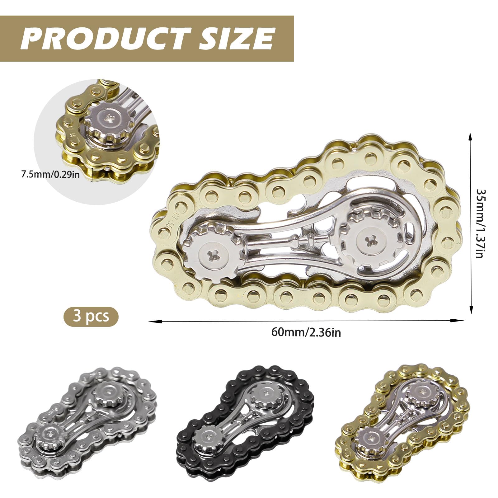 3 sztuki Fidget Spinner Toys Figit Spielzeug z 2 przekładniami Zabawka Fidget Metal Łańcuch rowerowy Trwałe i gładkie łożysko dla dorosłych i dzieci łagodzą stres, niepokój