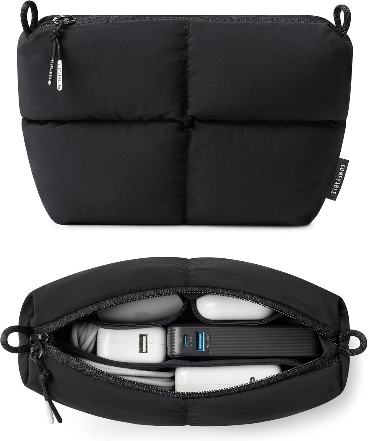 Comfyable Puffy Electronics Organizer Travel Case, Cute Tech Pouch for Women Men, Cable Storage Bag for Charger, Phone, Power Bank, Cord, Compact Tech Accessories Pouch, Black