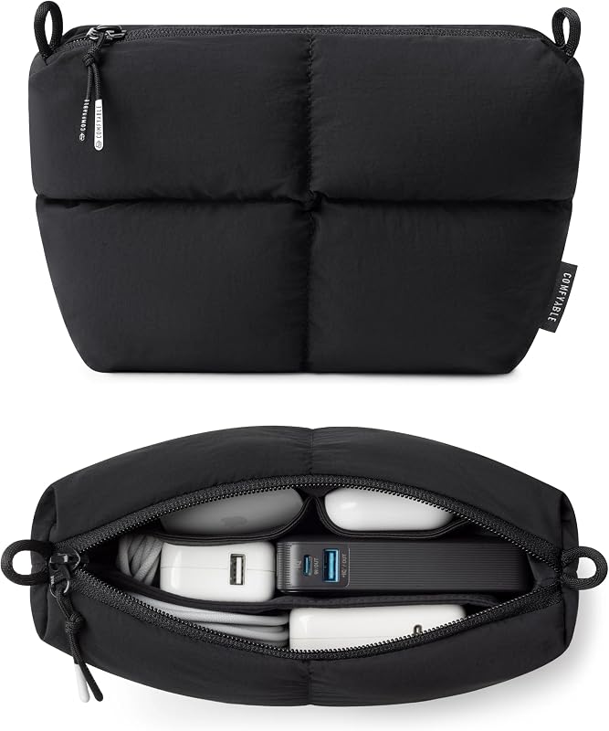Comfyable Puffy Electronics Organizer Travel Case, Cute Tech Pouch for Women Men, Cable Storage Bag for Charger, Phone, Power Bank, Cord, Compact Tech Accessories Pouch, Black