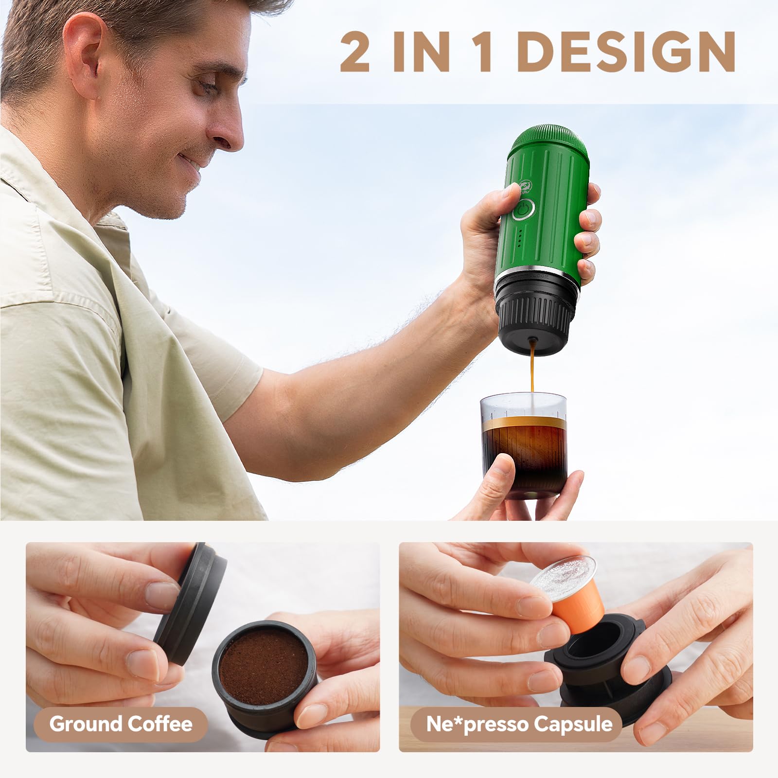 i Cafilas Rich Crema - Cafetera espresso eléctrica portátil, para viajes, coche, senderismo, sistema de extracción 2 en 1, autocalentamiento rápido, máquina de espresso, compatible con café molido y