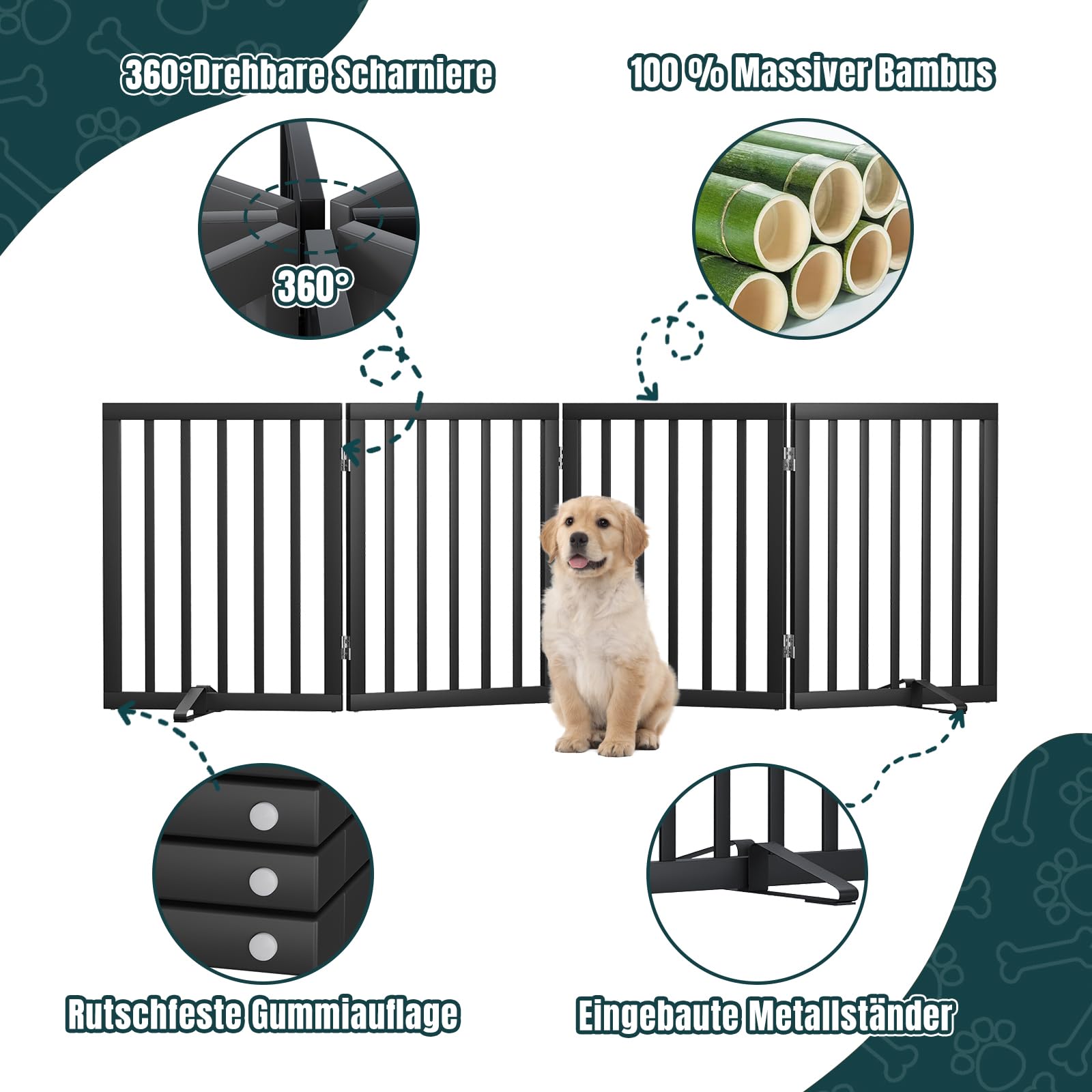 Bambus-Hundegitter 61 cm Höhe 4 Paneele freistehend Haustiergitter für Türen Treppen