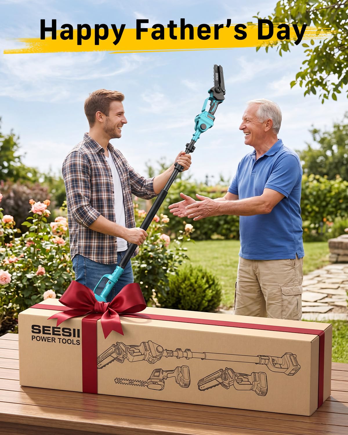 SEESII 6-en-1 Mini Tronçonneuse & Taille-haie, avec 2 * 4000mAh Batteries, Tronconneuse Electrique à Perche Télescopique, Portée Maximale Jusqu'à 4,57m, à 30 ML Bouteille d'huile