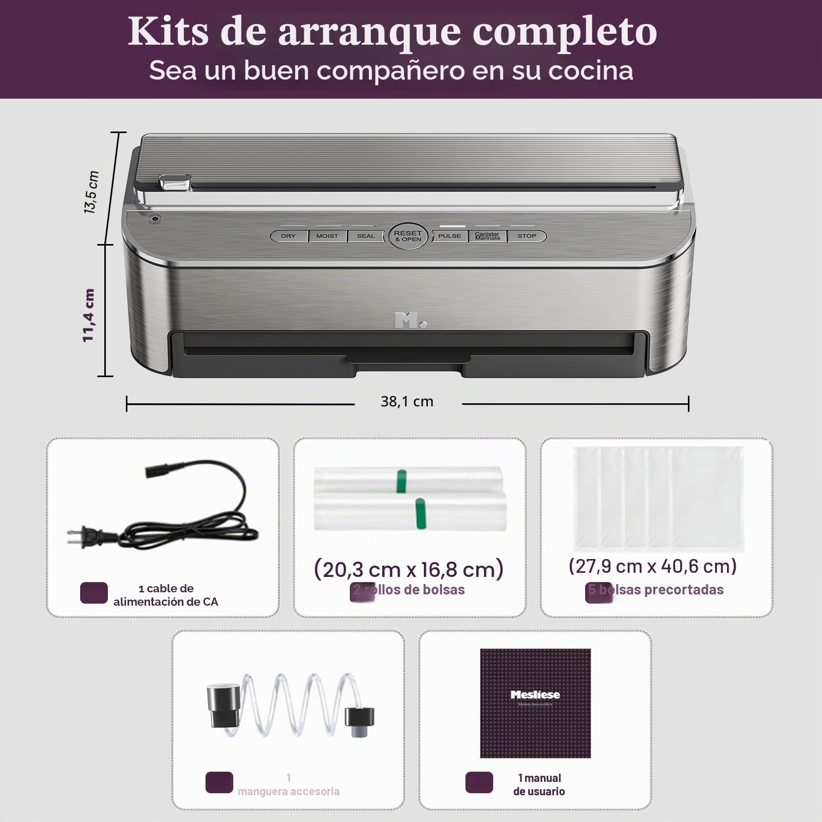 Mesliese 85kPa 120W Envasadora al Vacío, Cortador, 2 Rollos | 85kPa/120W, cortador y almacén integrados, modos seco/húmedo, tira 11,8", 2 rollos + 5 bolsas, garantía 5 años.