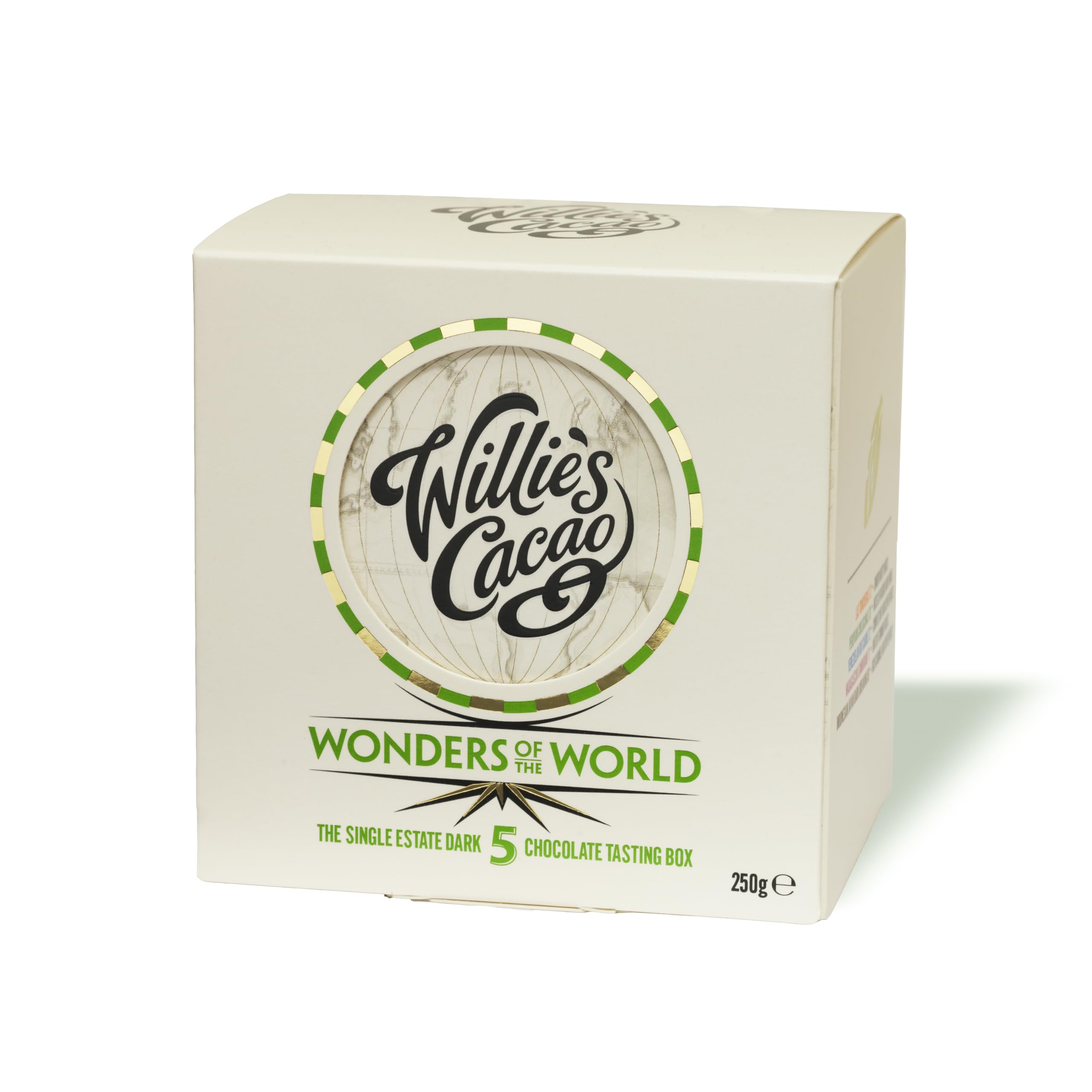 Willie's Cacao 5 Wonders of The World Chocolate Tasting Box. 5 x 50g Single Estate Dark Chocolate Bars and Willie's Map of the World. Vegan. (Total 250g)