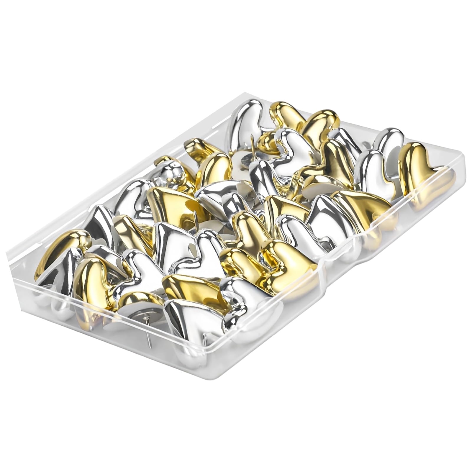 Kangnice Gold And Silver Mixe Metal Veneered Heart Thumbtacks 30Pcs Set Polystyrene Varnished Photo Wall Fasteners Decorative Home Organization Denial Tool Installation Wall Hoofs