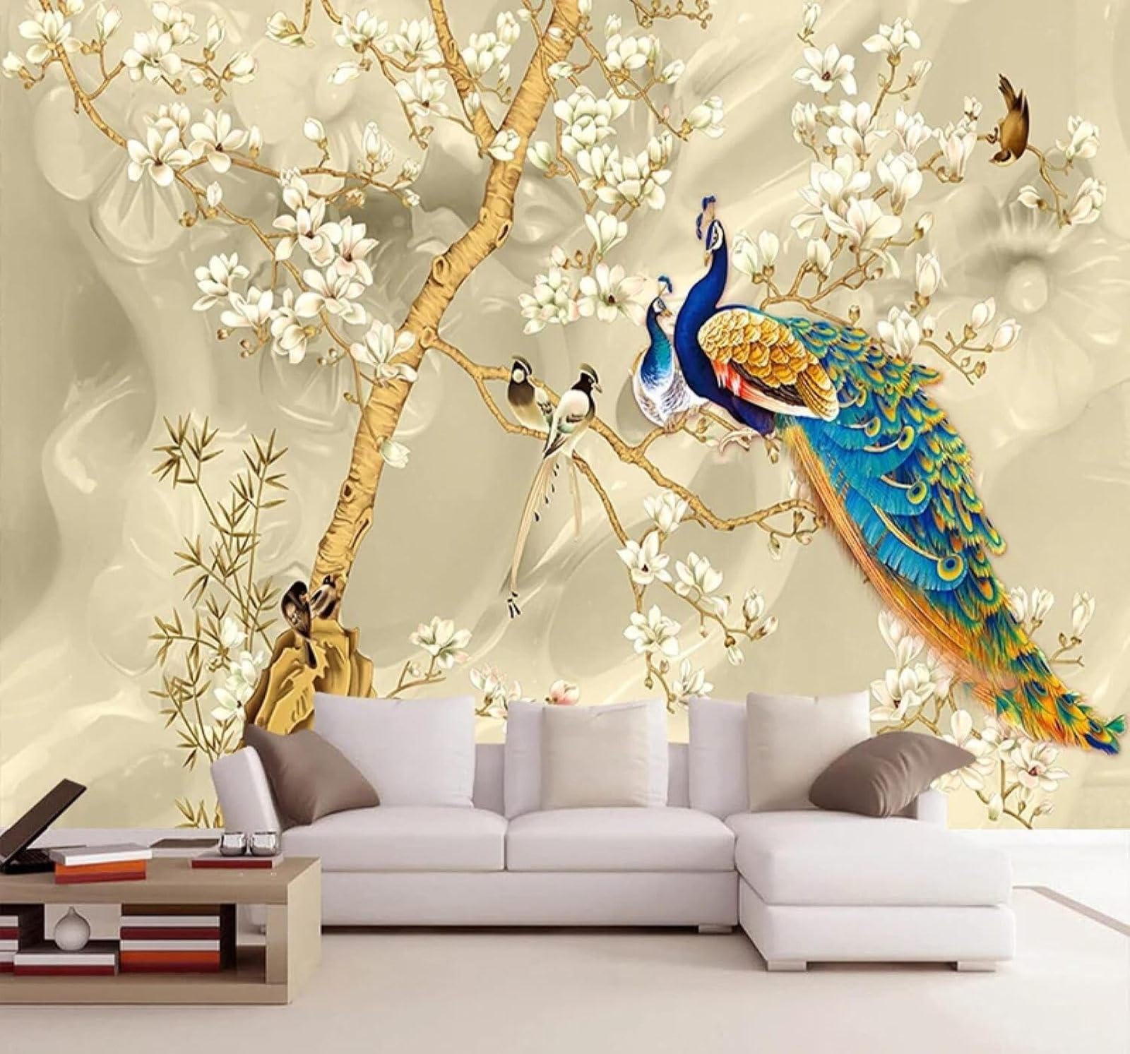 XLMING Classic Beautiful Three Dimensional Magnolia and Peacock 3D Wallpaper Luxury Home Dining Decor Paste Sofa Living Room The Wall for Bedroom Mural-200cm×140cm