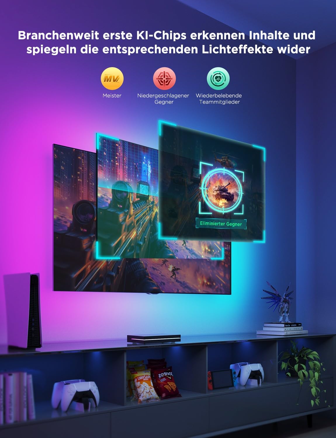 Govee HDMI 2.1 Sync Box AI Kit 2, inkl. TV Hintergrundbeleuchtung | Unterstützt 8K@60Hz, 4K@144Hz, VRR und ALLM, funktioniert mit Matter, RGBIC LED Strip für 55-65 Zoll Fernseher, 75 LEDs/m