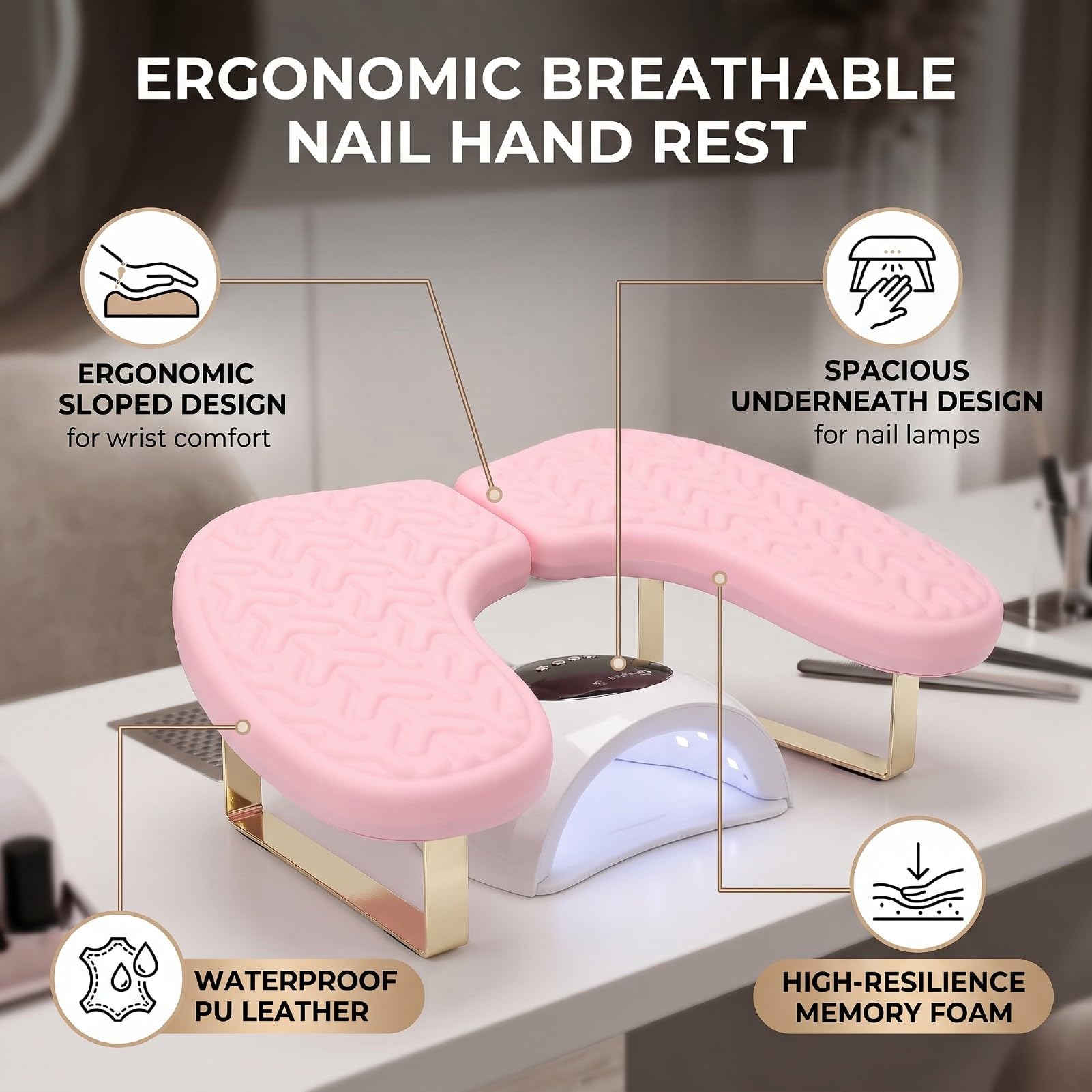 Sonew Podpórka na Dłonie do Paznokci, Oddychający, Ergonomiczny Podłokietnik do Manicure w Kształcie Litery U z wodoodporną podkładką z gąbką zapamiętującą Kształt Salonu Paznokci (PINK)