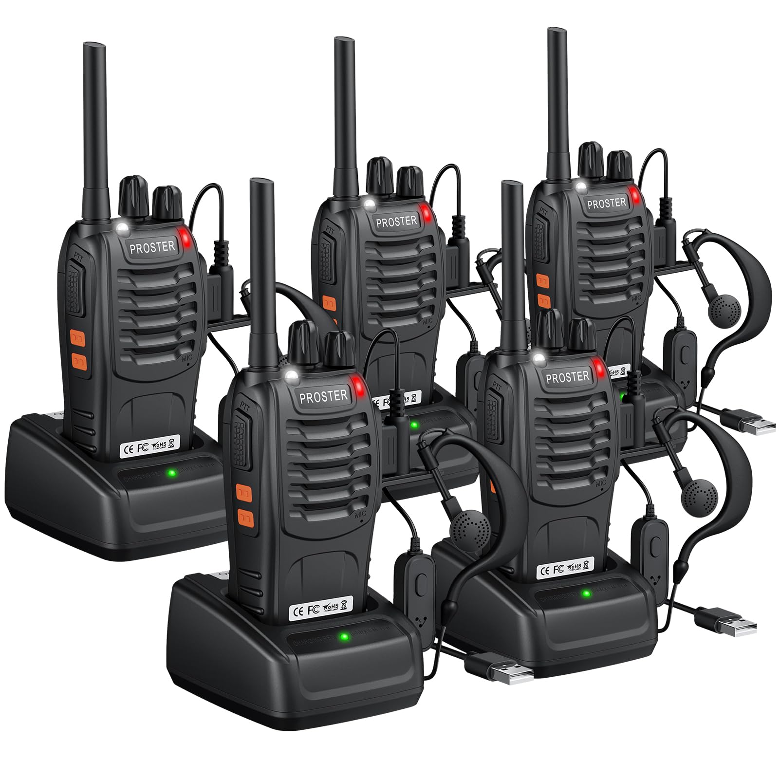 Proster Talkie Walkie Longue Portée Rechargeable avec Écouteurs （5PCS） | PMR446 Sans Licence, 16 Canaux, 1500mAh 10H Grande Autonomie, Portée Stable 1,5km, VOX Mains Libres et Lampe Torche
