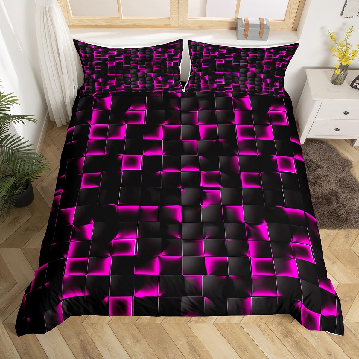 Homewish Neon Black Purple Duvet Cover King Violet Geometric Checkered Bedding Set for Kids Teen Adults Gaming Room Decor Abstract Ombre Plaid Quilt Cover Grids Bed Set