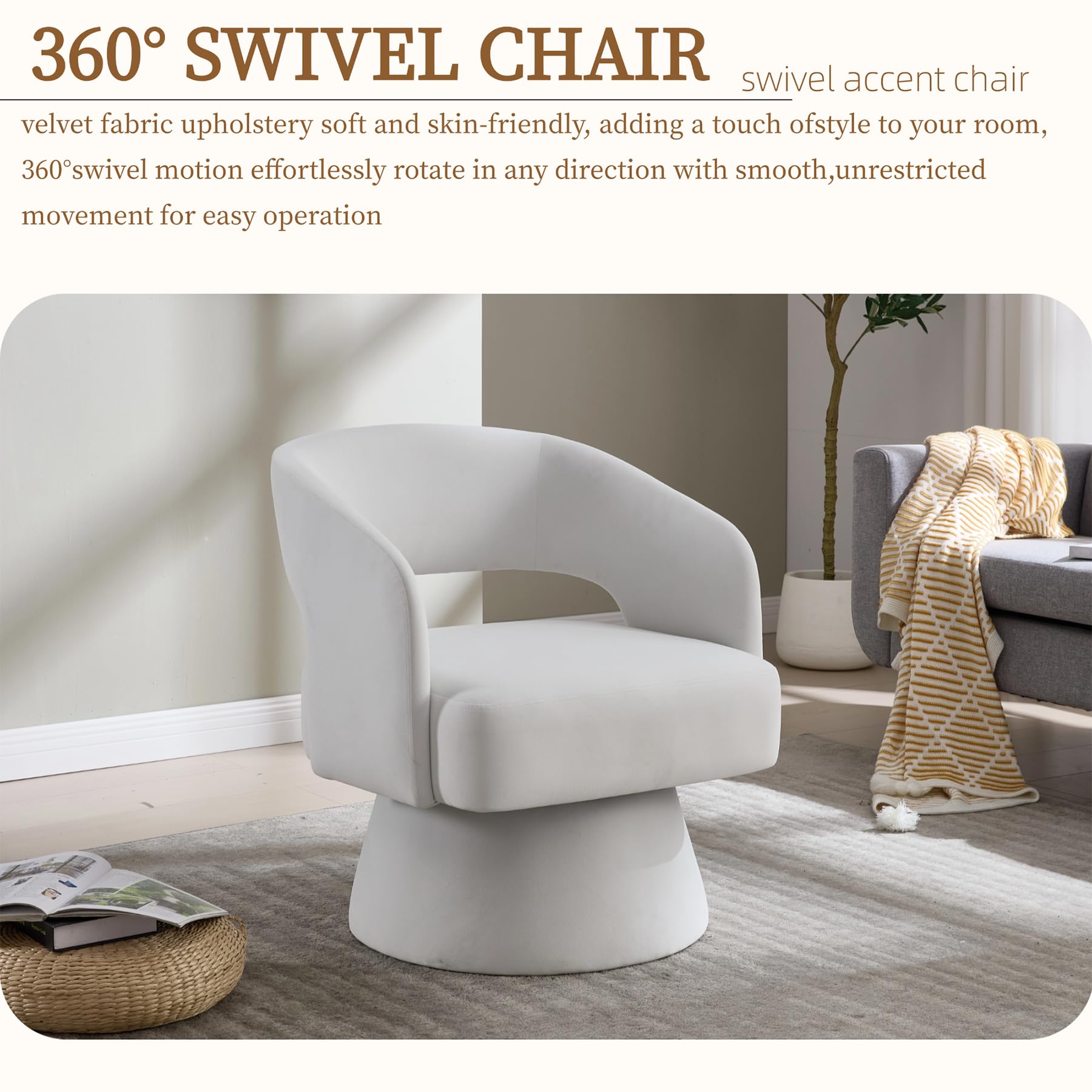 360° drehbarer Drehsessel & Polstersessel mit Samtbezug – Loungesessel & Rundfaßstuhl, weiche Schaumpolster, ergonomische Rückenlehne, Metall-Drehfuß, für Wohnzimmer & Schlafzimmer, Beige