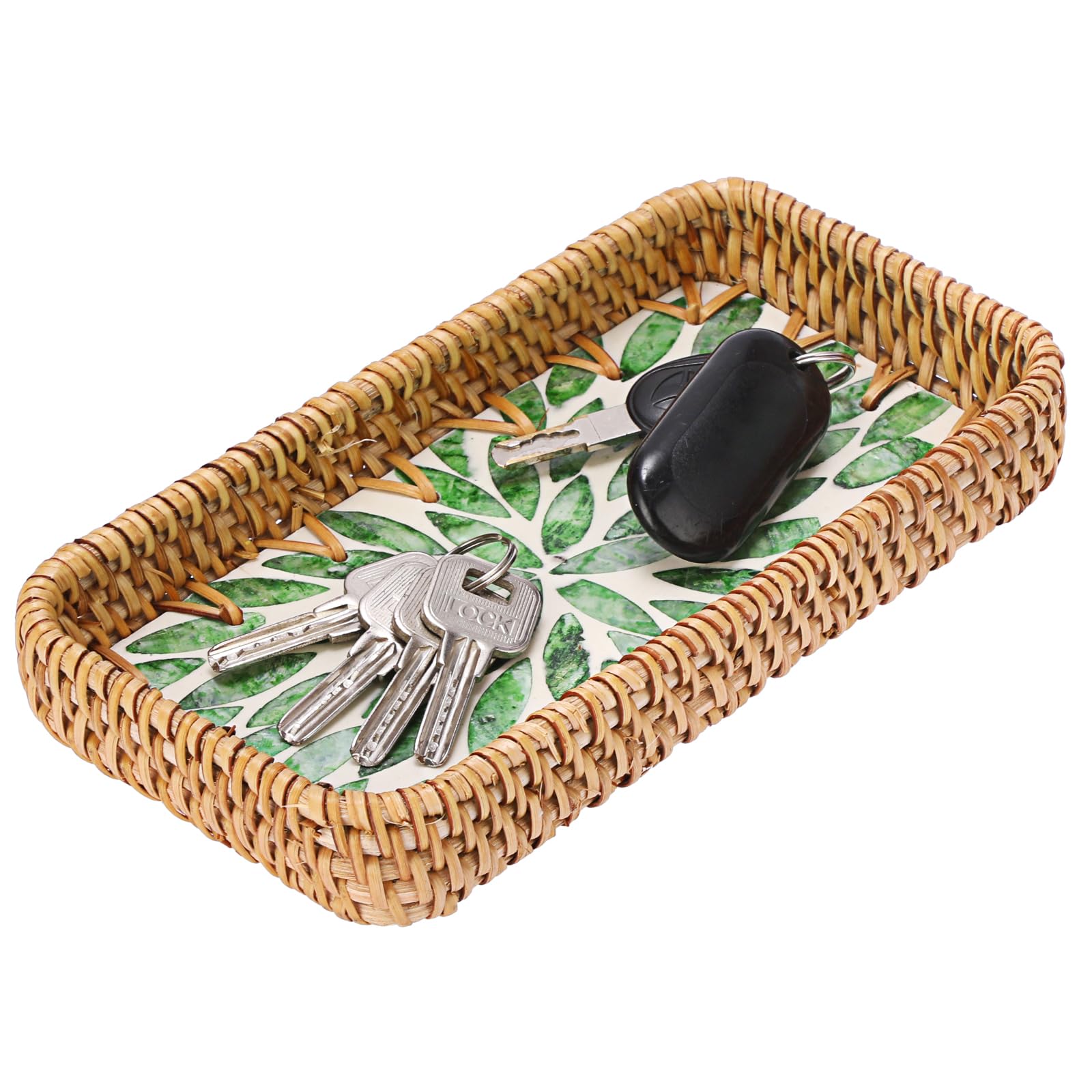 IGNPION Rattan Keys Caddy Tray, Small Woven Wicker Entryway Decorative Basket with Mother of Pearl Inlay, Coffee Table Storage Tray for Keys, Vanity, Candle, Ornament, Perfume (Green Leaf)