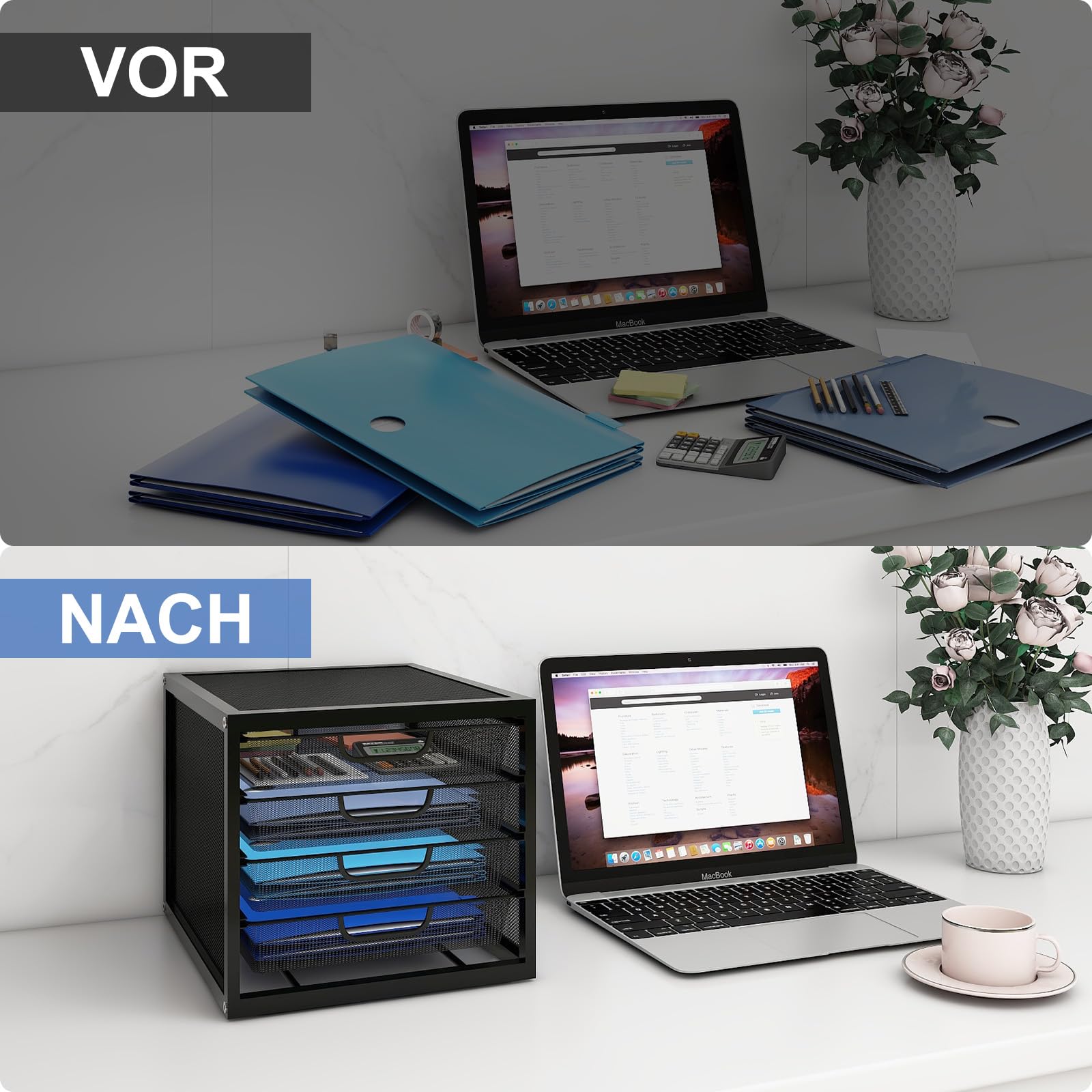 PUNCIA A4 Schubladenbox 4 Schubfächer Dokumentenablage Metall Briefablage | Ablagefächer mit Schubladen Schreibtisch Organizer Ablagesystem Papiersortierer für Dokumenten Papier Büro Schule Schwarz