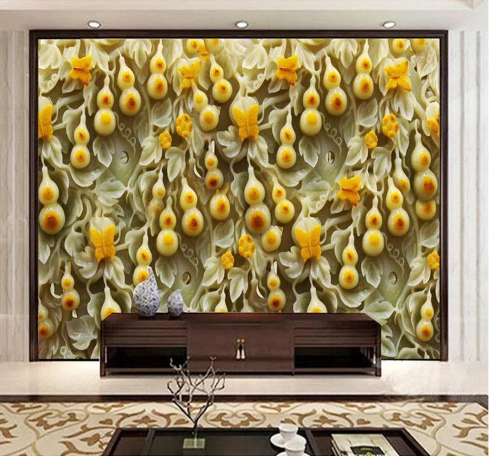 Wallpaper-3D-Xlm 250Cm×170Cm(B×H) Creative Elegant Jade Carving Gourd Butterfly 3D Wallpaper Easy Install Feature Office Living Room Sofa Bedroom Tv Background Wall Decoration-250Cm×170Cm