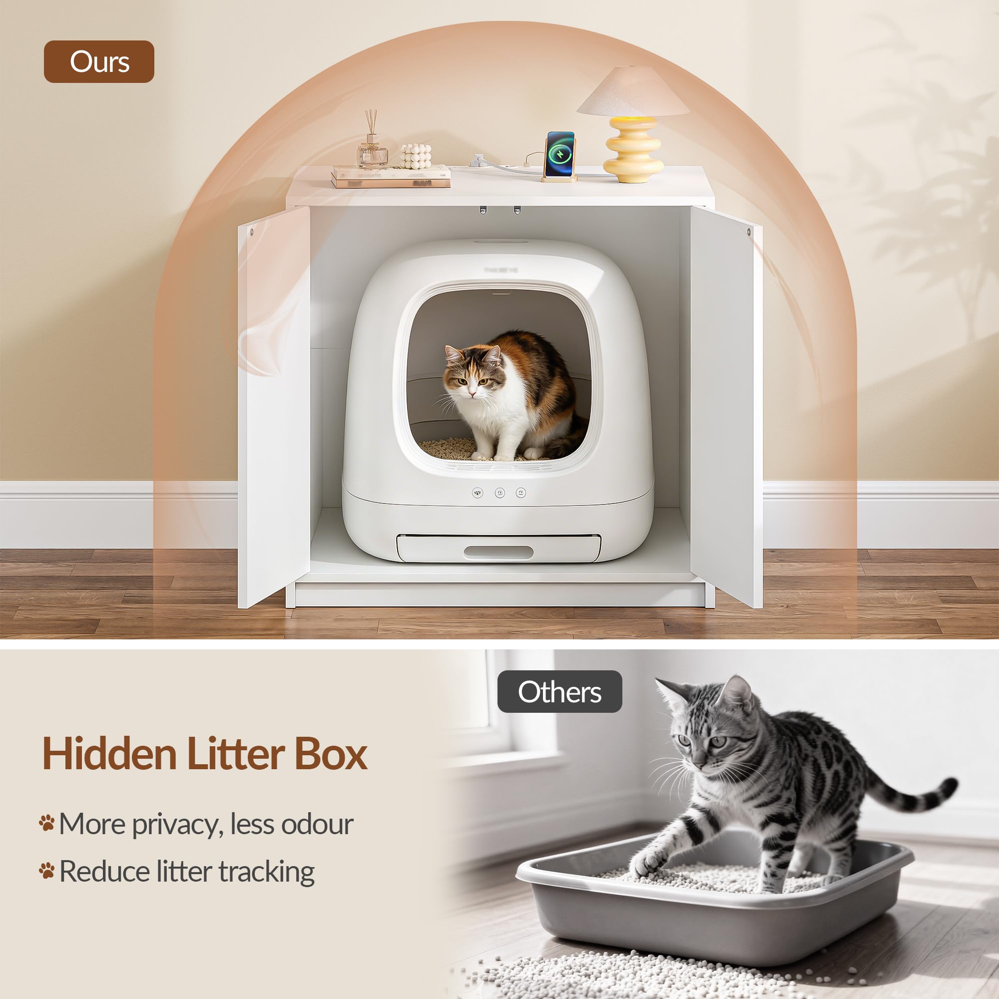 Mobile Lettiera per Gatti con Multipresa, 80 x 60 x 80cm, Bianco | Mobile per Lettiera Nascosta, Adatto per Lettiere Elettriche, Casetta per Gatti con Ingresso Laterale Regolabile FPCB202PW1EU