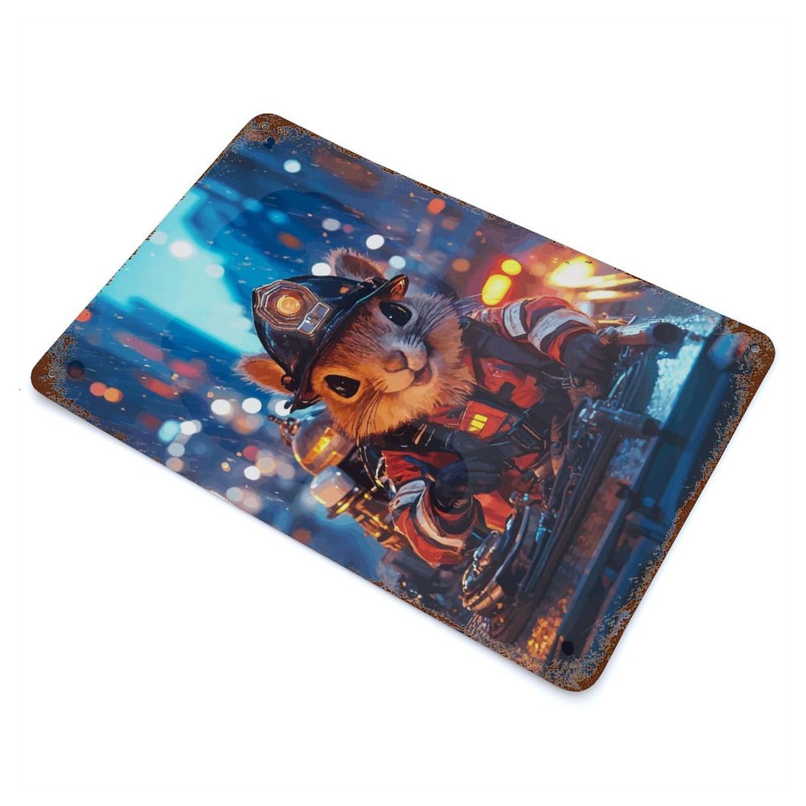 Firefighter Squirrel Rust Effect Tin Sign 11.8"x7.9", Industrial Home Decor for Garage, Bar And Workshop Decor