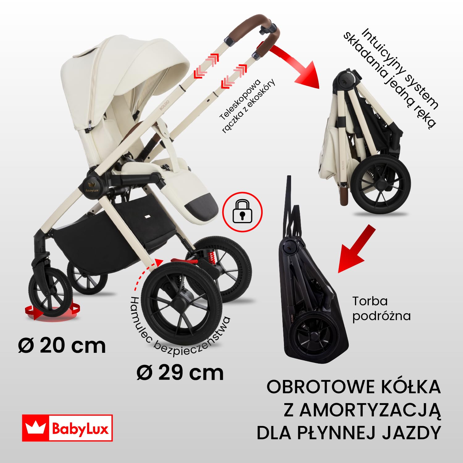 BabyLux Wielofunkcyjny Wózek Dziecięcy 3w1 BOLDO Lekki i Kompaktowy | Gondola, Spacerówka, Fotelik Samochodowy, Składana Aluminiowa Konstrukcja Stelaża, Regulowane oparcie, Akcesoria