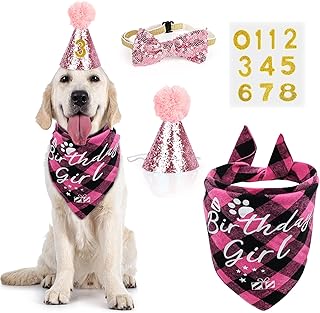 Dog Birthday Party Supplies Girl, VIPITH Dog Birthday Bandana Clothing & Accessories for Dogs, Dog Birthday Hat Dog Birthday Decorations Dog Scarf with Bow Tie Hat Number for Pet Puppy Cat (Pink/Girl)