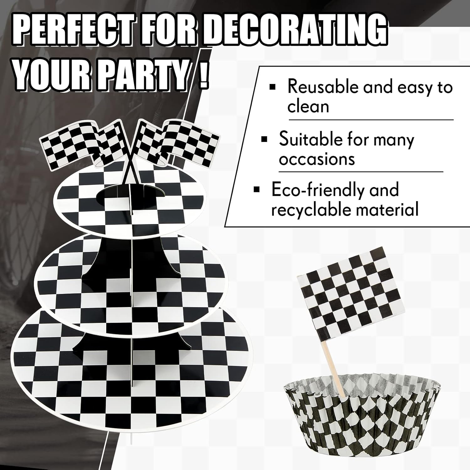 Tessco for you 3 Sets 3 Tier Round Race Car Cardboard Cupcake Stand with 100 Set Checkered Baking Cups Liners Flag Race Car Party Decorations for Cars Birthday Black and White Fast Party Supplies