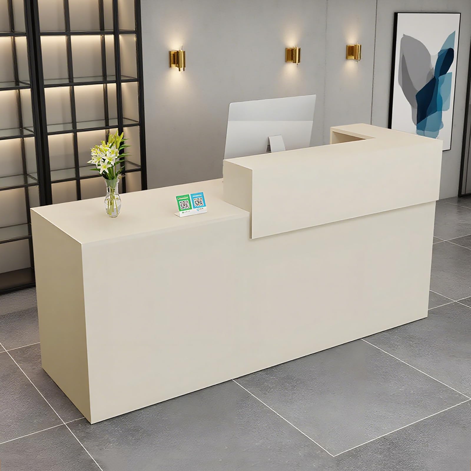 Moderno banco reception con cassetto portaoggetti 99-241,3 cm, elegante postazione cassa per salone, ufficio, hotel e vendita al dettaglio, beige angolo sinistro, 160 x 60 x 100 cm