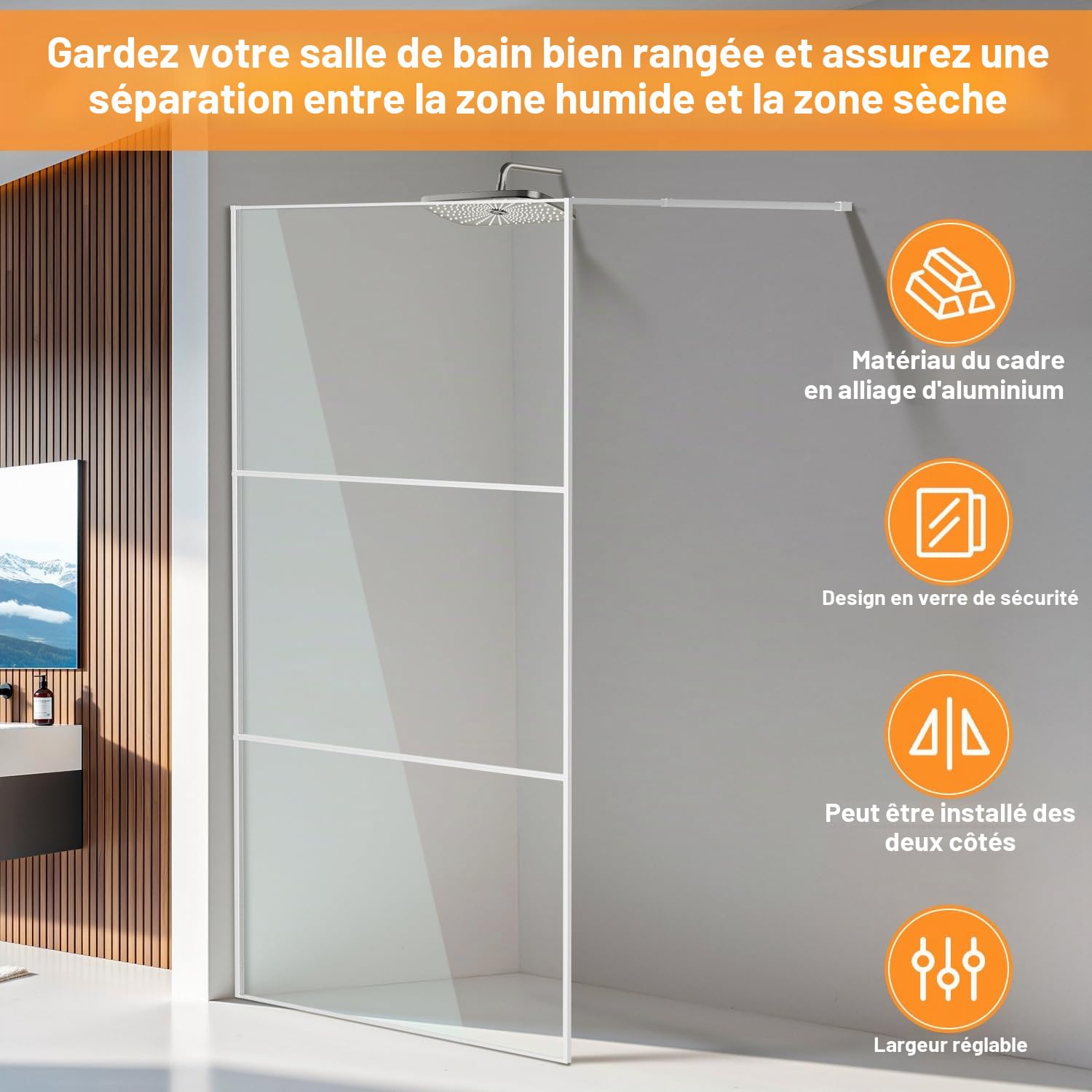Paroi de douche Walk In 120x200 cm en argent brillant, construction à 3 segments, verre de sécurité ESG de 5 mm, montage gauche/droite, structure stable pour salles de bains modernes