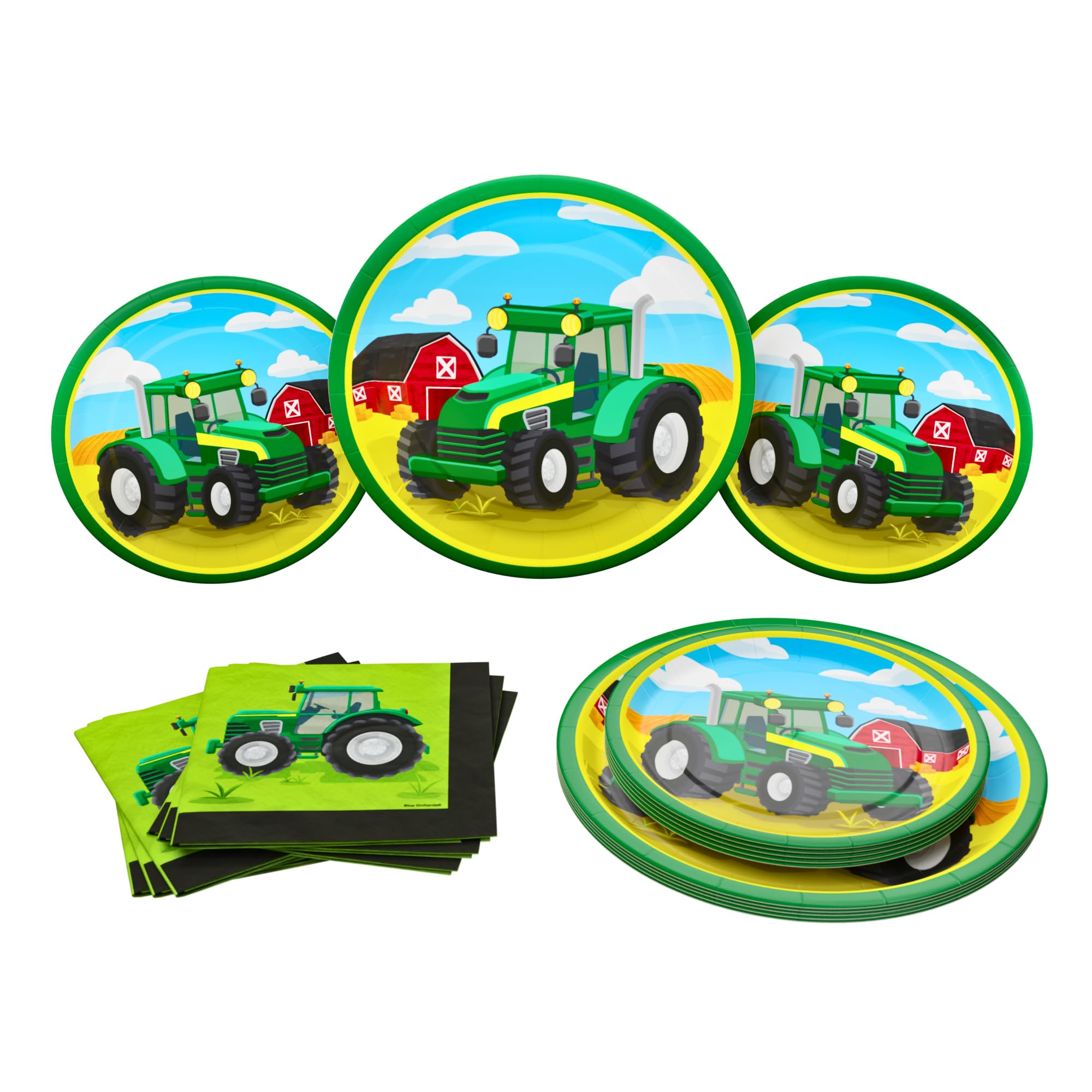 Blue Orchards Tractor Party Plates and Napkins (52 pieces for 16 Guests) - Farm Animal Party Supplies, Tractor Theme Baby Shower