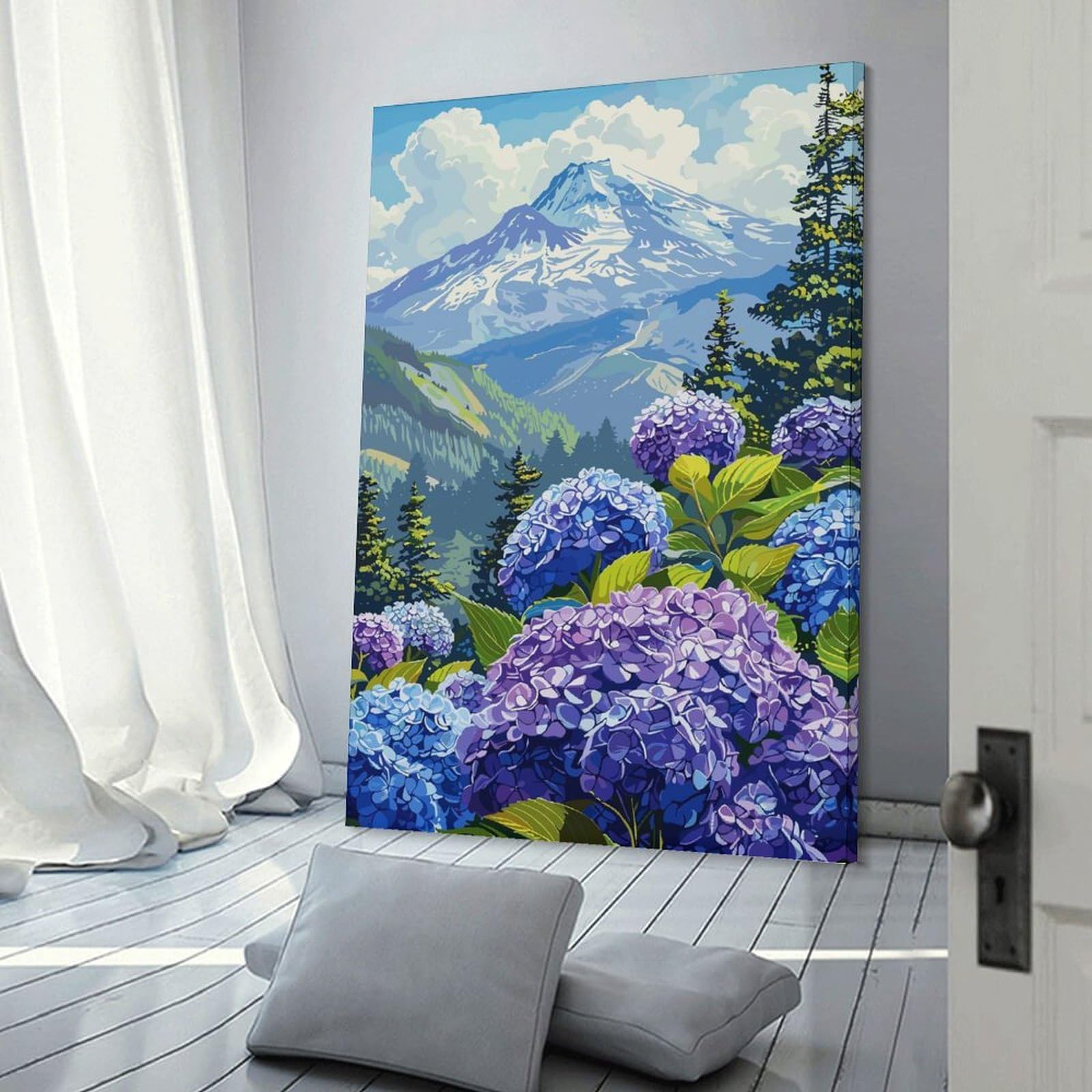 Junmoney Decorative Wall Artwork Mountain View with Hydrangeas, 20x30inch(50x75cm), for Living Room, Bedroom Or Apartment Walls, Decorative Artwork for Empty Walls