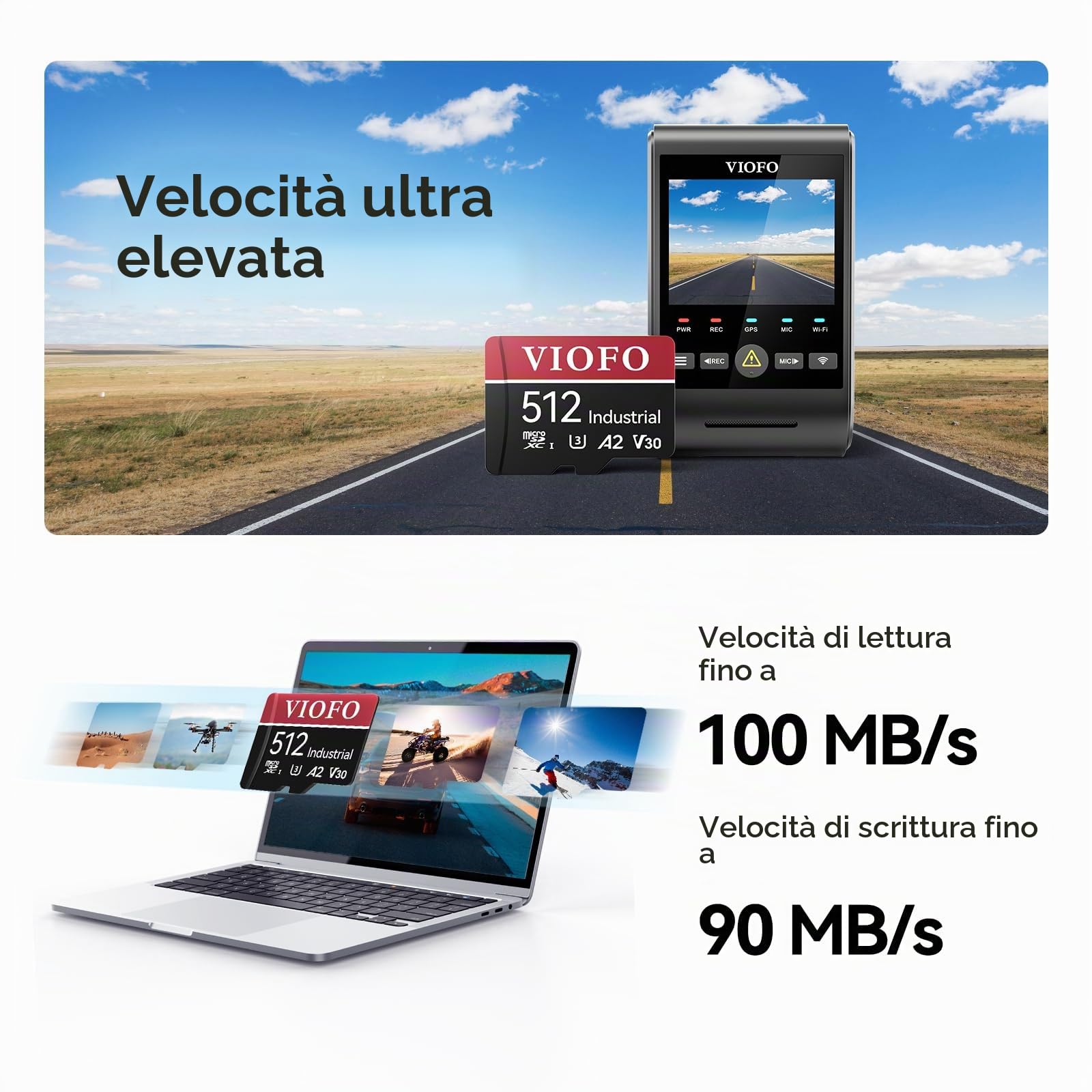 VIOFO Scheda microSD da 512 GB di qualità industriale, U3 A2 V30 ad alta velocità con adattatore, per registrazione video Ultra HD 4K, per dashcam, action camera, smartphone Android, tablet