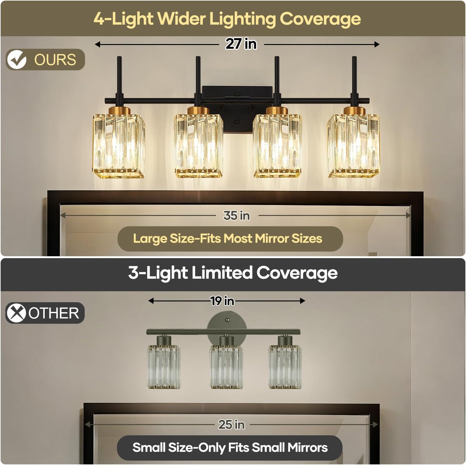 Torondo Modern Crystal Bathroom Vanity Light 4-Lights Gold Bathroom Light Fixtures Over Mirror Black and Gold Vanity Lighting Fixtures Gold Square Shade Brass Wall Sconce (Bulbs Not Include)