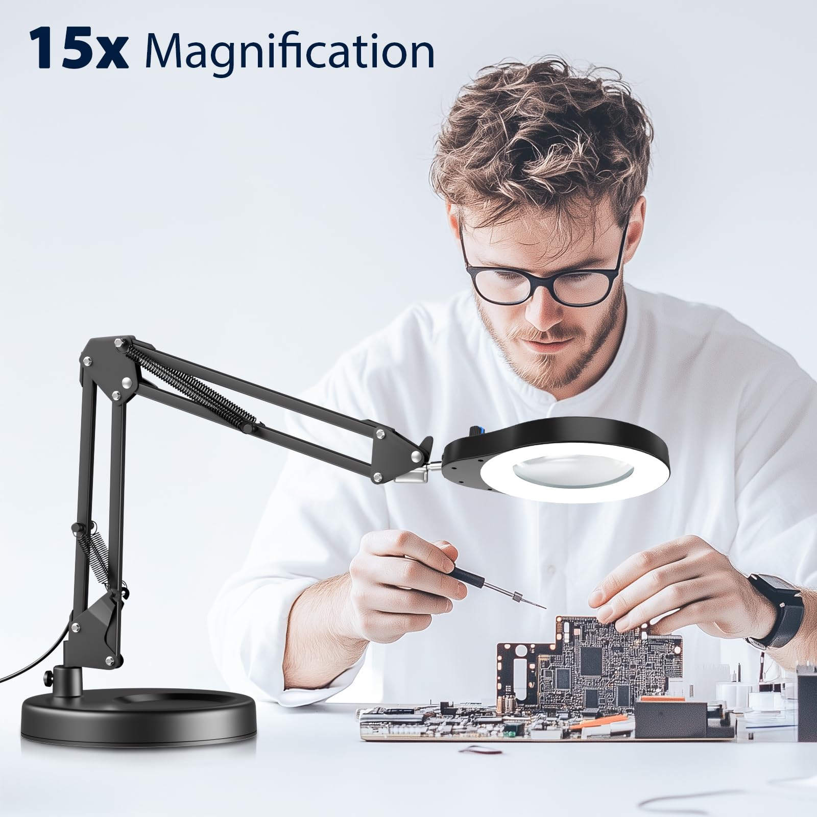 Lepealu 2-in-1 15X Magnifying Glass with Light and Stand Glass Magnifying Desk Lamp Foldable 5 Colour Modes with 84 LEDs Continuously Dimmable for Hobby Crafts Repair Reading - Image 4