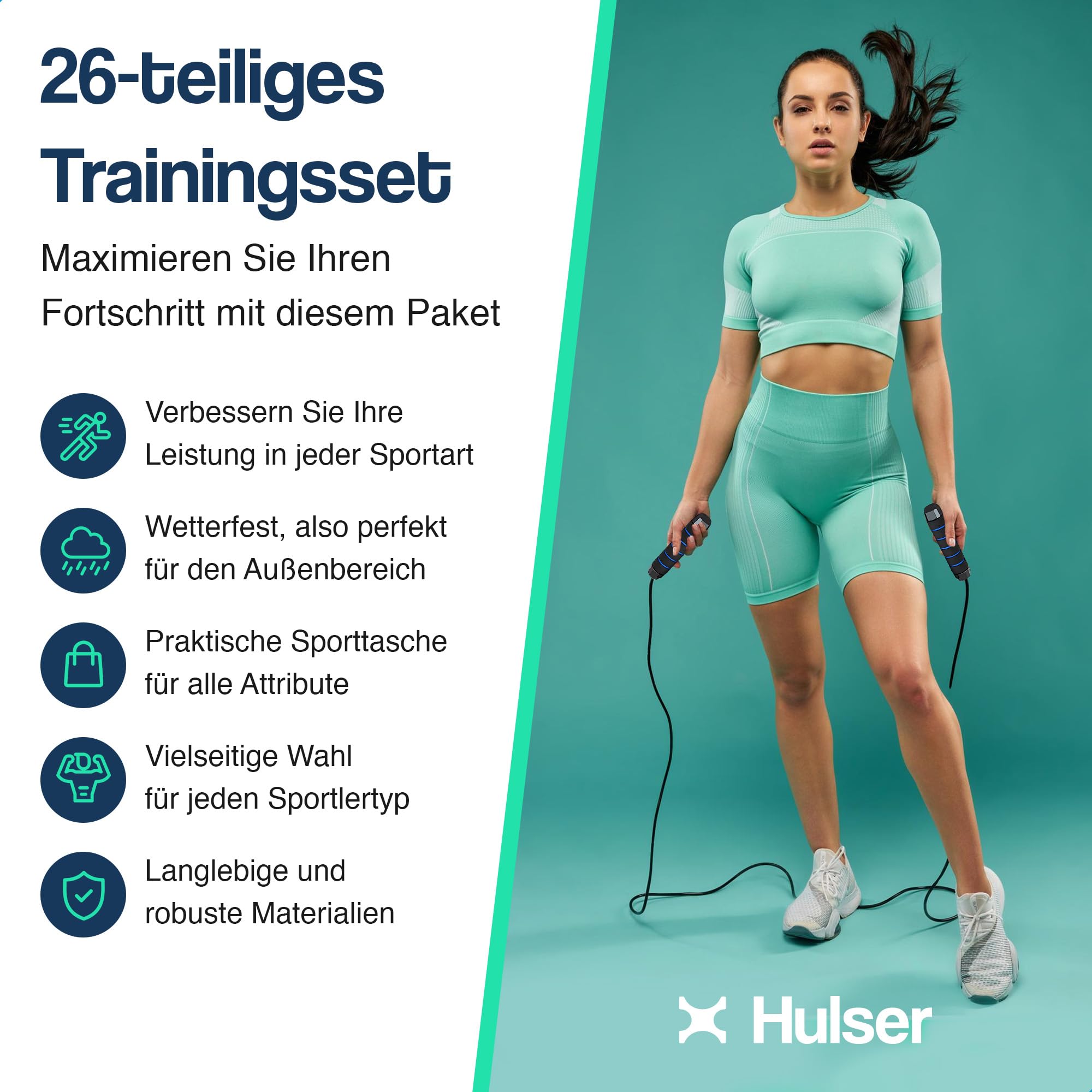 Hulser Fußball Trainingszubehör 26-teilig - Mit Koordinationsleiter 6 m, Hürden, Markierungshütchen, Springseil, Widerstandsfallschirmund und Widerstandsband-Set - Bewegungsgeschwindigkeit