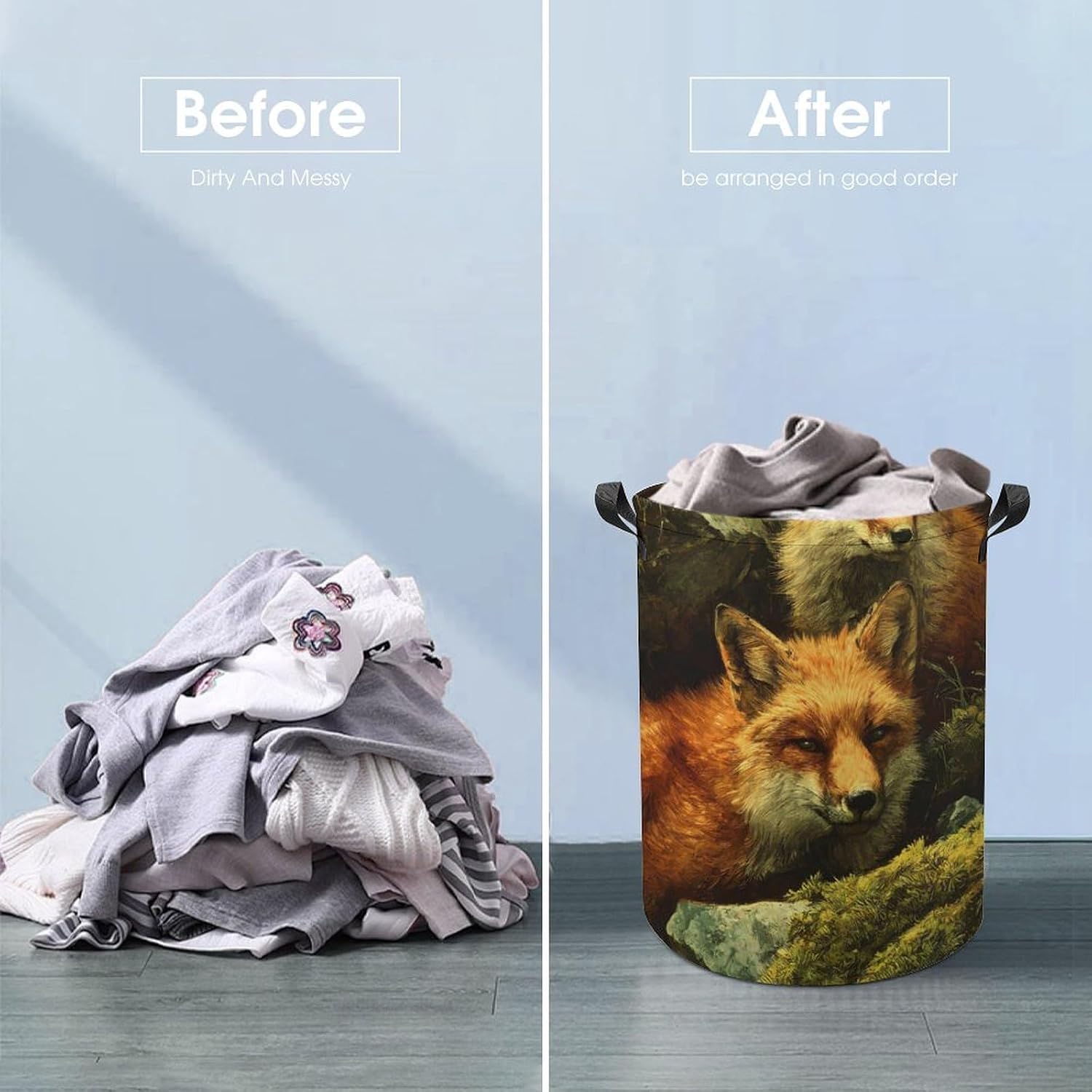 Foxes Forests Rocks Moss Laundry Hamper Basket for Home Bathroom | clothes storage,handle,large capacity,oxford