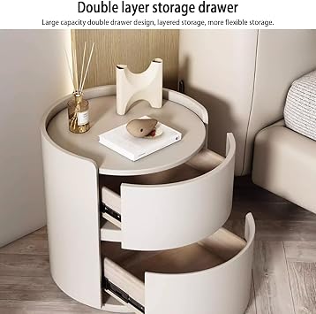Bedside Cabinet, Modern minimalist white solid wood round bedside table with storage drawers bedroom side table chest of drawers wooden mini storage cabinet