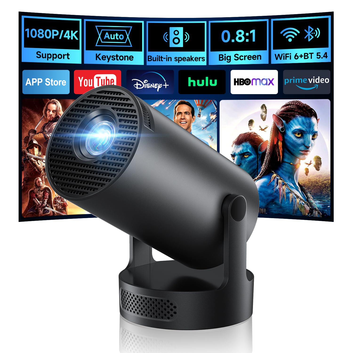 Kimwood Projector with Upgraded HiFi Speaker, [Built-in Apps] Support 1080P Mini Portable Projector Lower Noise Auto Keystone WiFi 6 Bluetooth 5.4 Ultra Short Throw Projectors for Big Screen (Black)