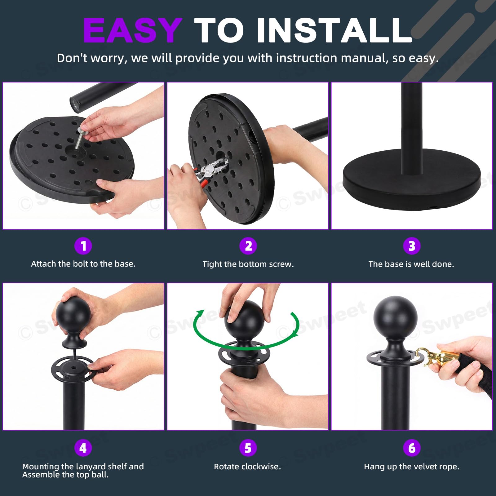 Swpeet 34Pcs Black Stanchion Post Queue Kit con Cuerda de Terciopelo Negro 5 Pies, Postes 38 Pulgadas, Base Metálica
