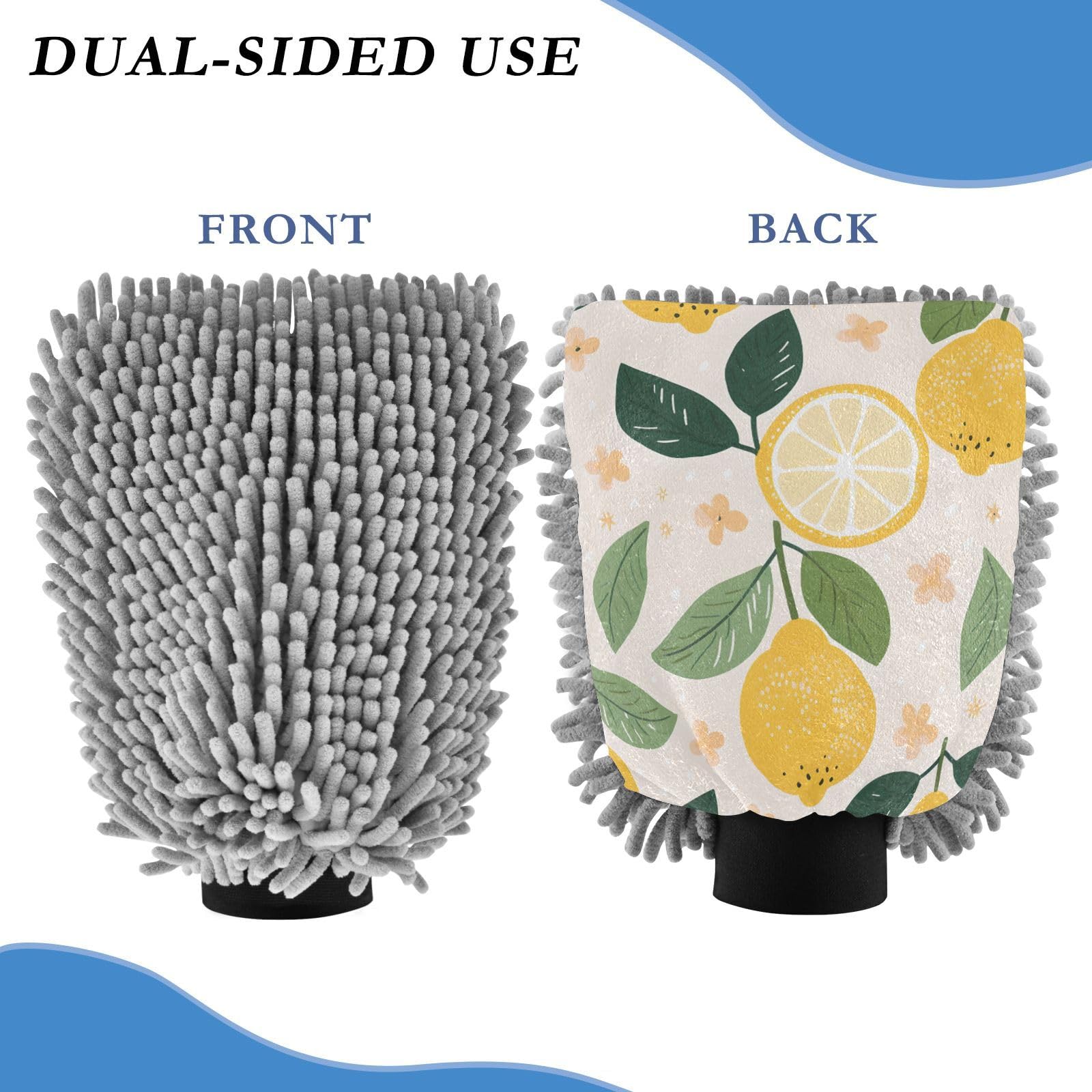 IOACIY Absorbent Microfiber Car Wash Drying Mitts, 2 Pack, Scratch-Free & Lint-Free, Rich Foam, Highly Absorbent, Double Sided, Wash Mitt Perfect for Car Washing, M, Cute Lemon (1)