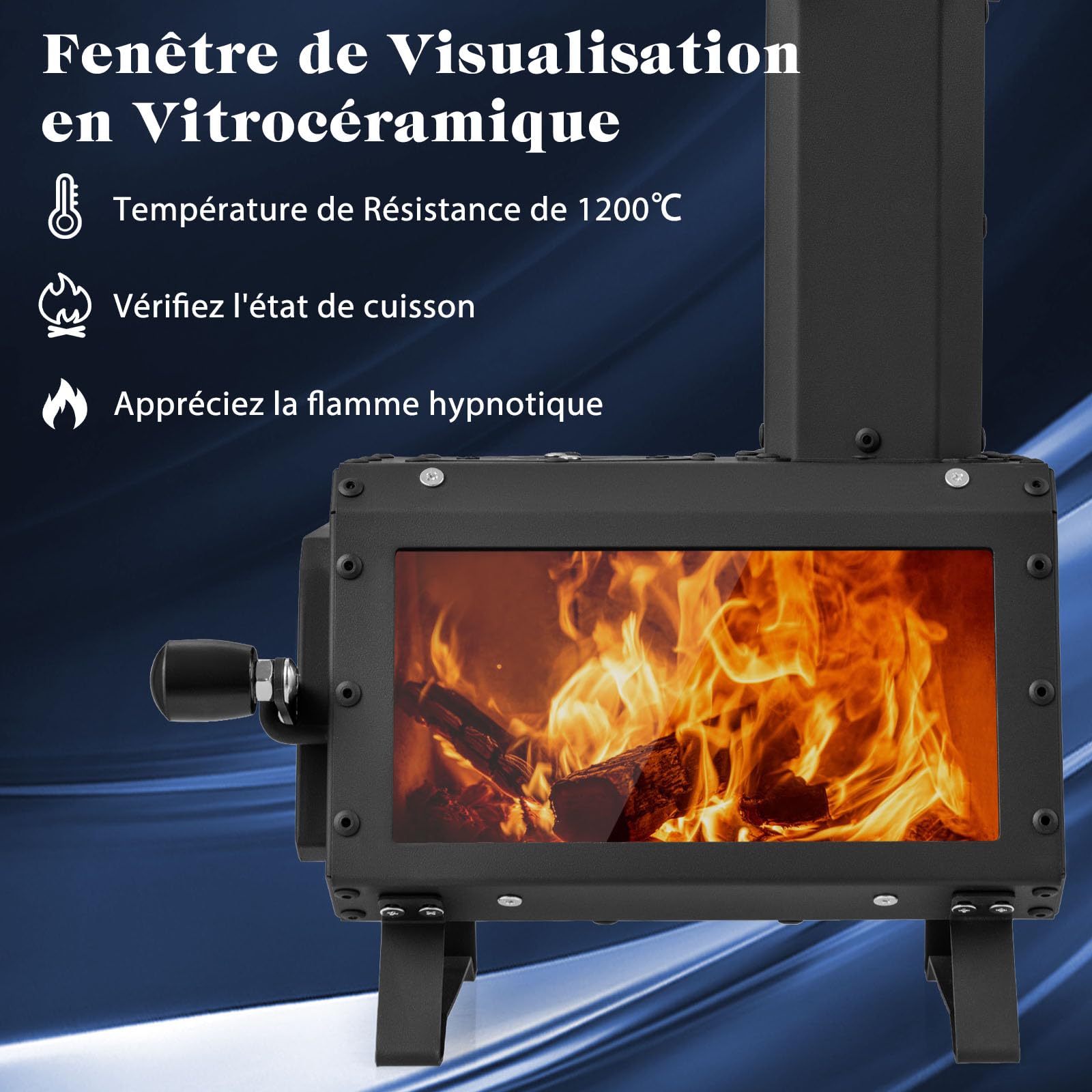 COSTWAY Mini Poêle à Bois Portable en Acier Carbone avec 2 Positions de Cuisson, Réchaud à Bois avec Poignée Anti-brûlure Fenêtre en Verre Résistant pour Cuisine Camping Barbecue