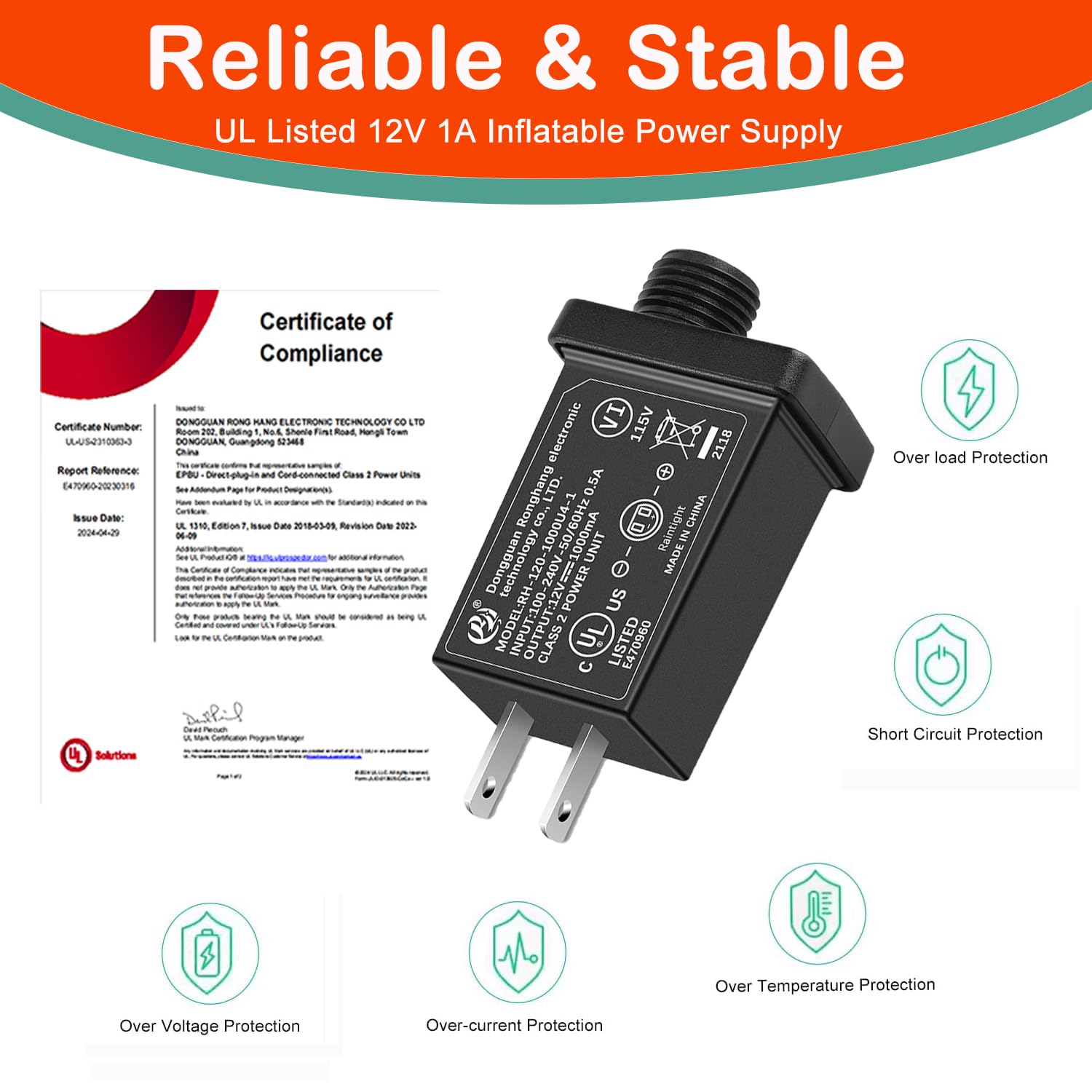 K-MAINS 12V 1A Power Adapter For Inflatables & LED Lights - Replacement For Model RH-120-0700U4-1 - View #5