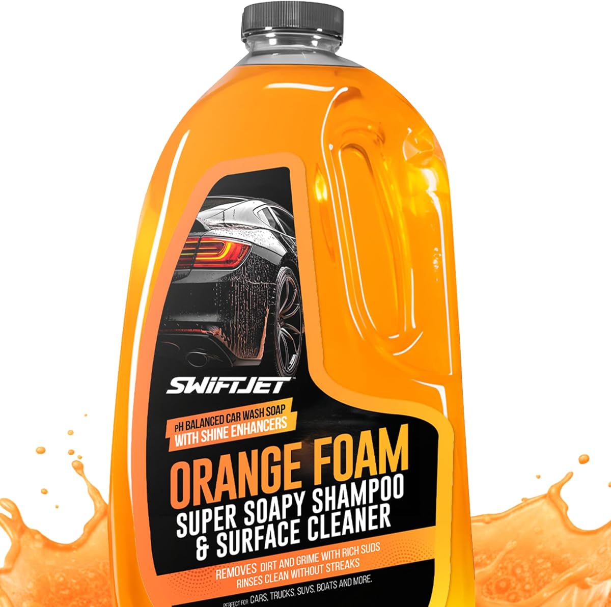Jabón de espuma naranja para lavado de autos – Champú súper jabonoso y limpiador de superficies con pH equilibrado – Espuma espesa para autos, camiones, SUV y barcos – Brillo sin rayas, seguro para cera y sellador (64 FL OZ)