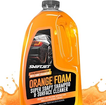 SwiftJet Orange Foam Car Wash Soap pH Balanced Super Soapy Shampoo & Surface Cleaner Thick Foaming Suds for Cars, Trucks, SUVs & Boats Streak-Free Shine, Safe on Wax & Sealant 64 FL OZ