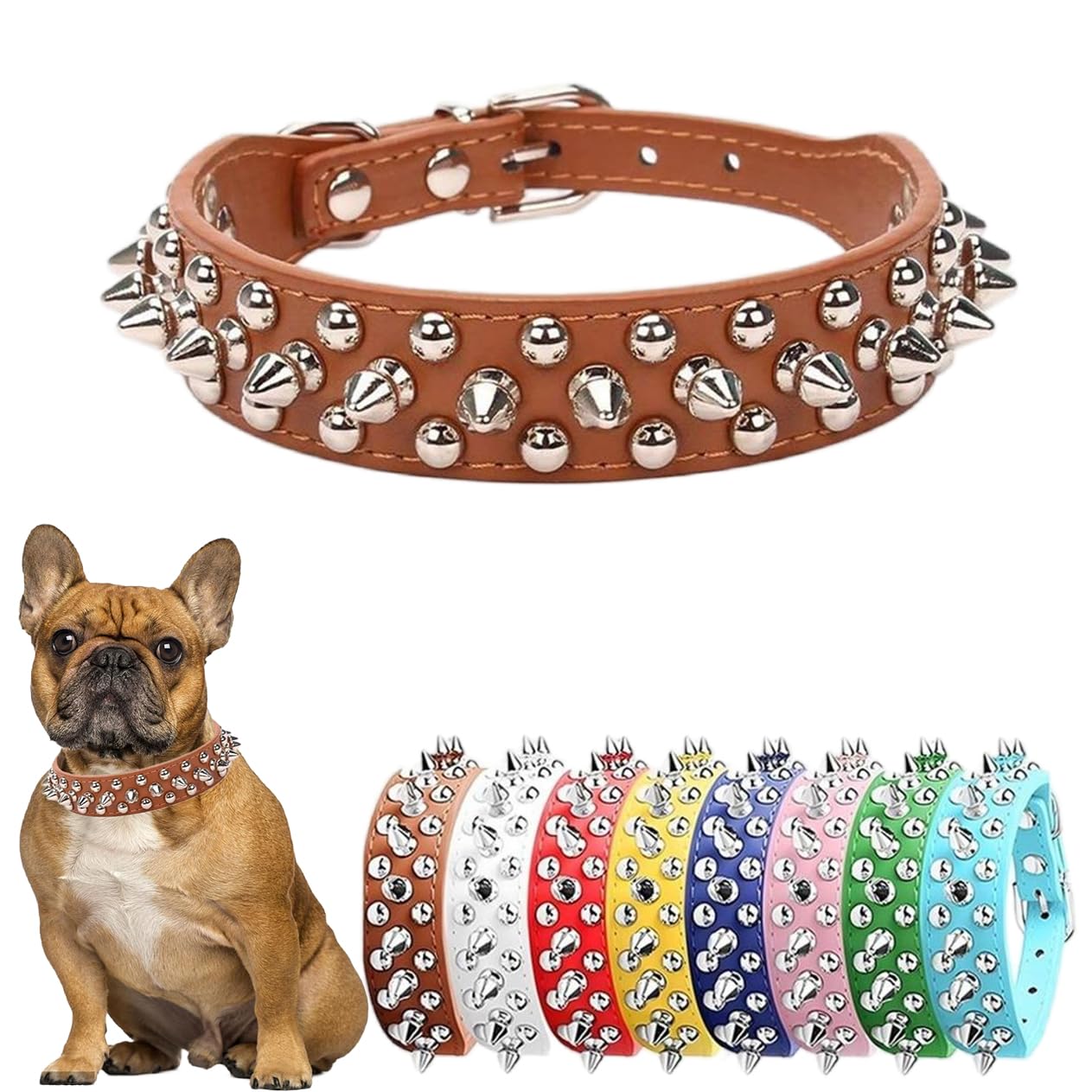 Brown Spiked Leather Dog Collar, Male Spike Dog Collar PU Leather Mushrooms Studded Rivet Pit Bull Collars Adjustable for Small Medium Large Dogs, Size,XXL