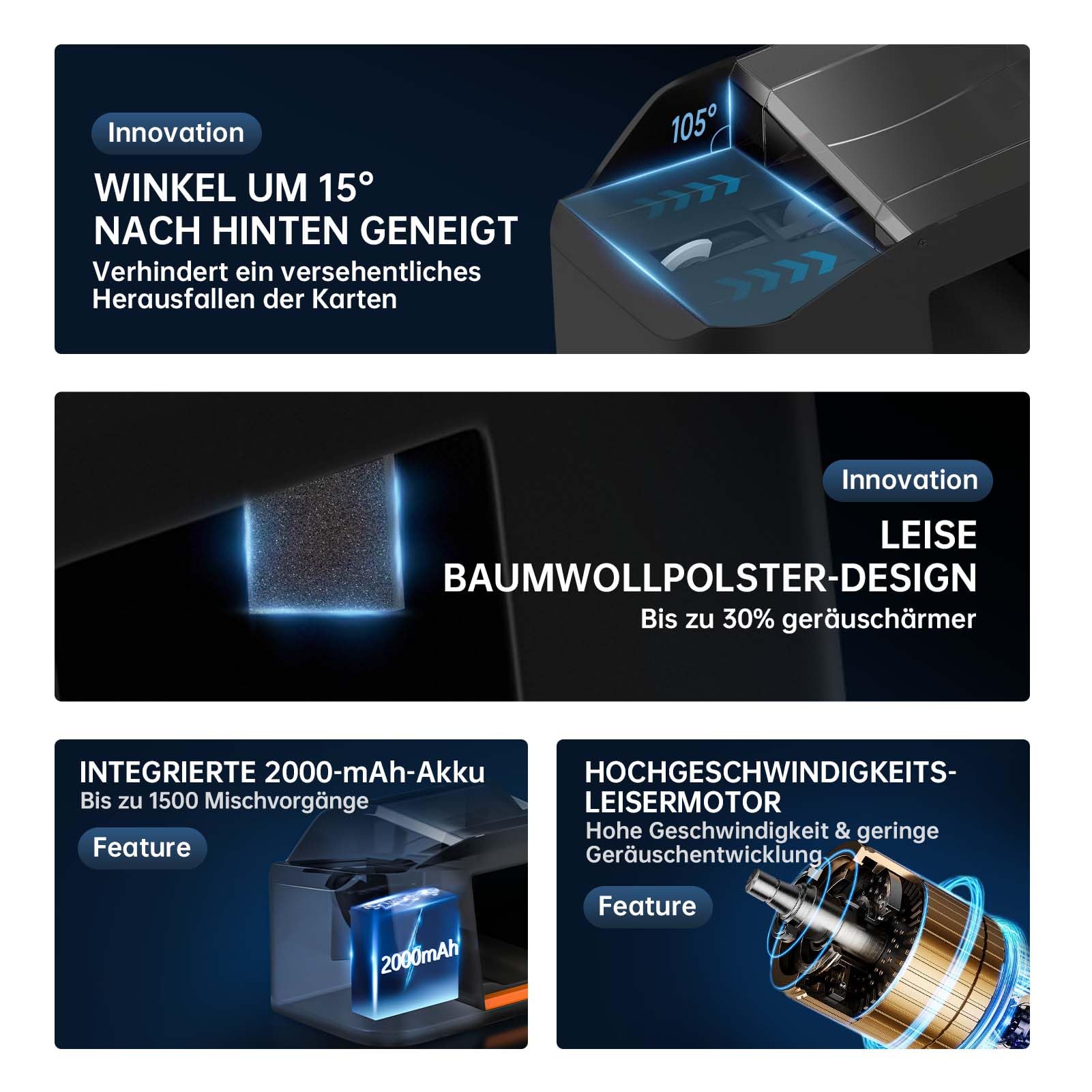 Geräuscharmer und wiederaufladbarer Kartenmischer für 2 Kartensätze, 2000 mAh, automatischer elektrischer Mischer für Kartenspiele, Texas Hold'em, Poker, Heimkartenspiele, Blackjack